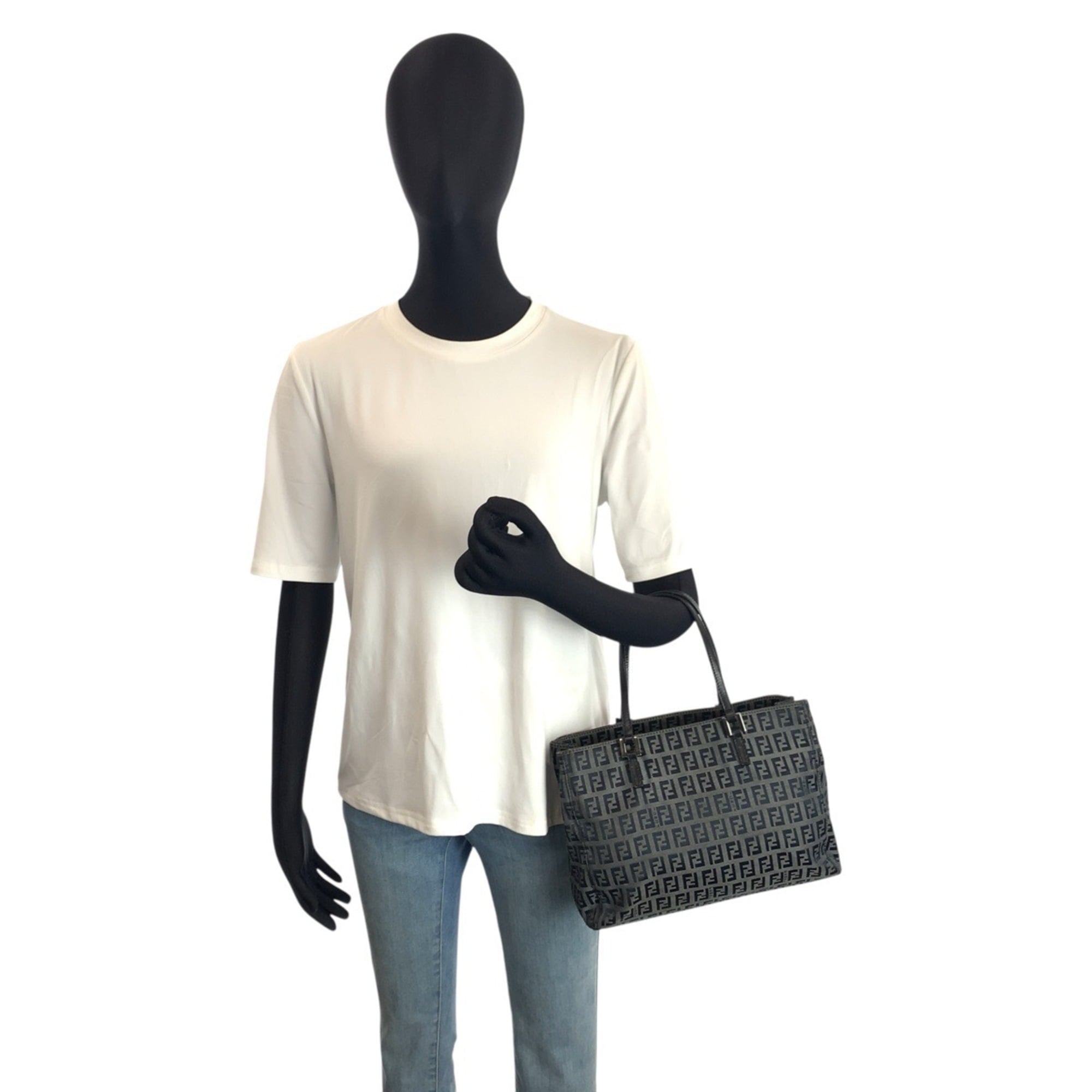 Fendi Black Gray Canvas Leather Shoulder Bag Tote Bag (Pre-Owned)
