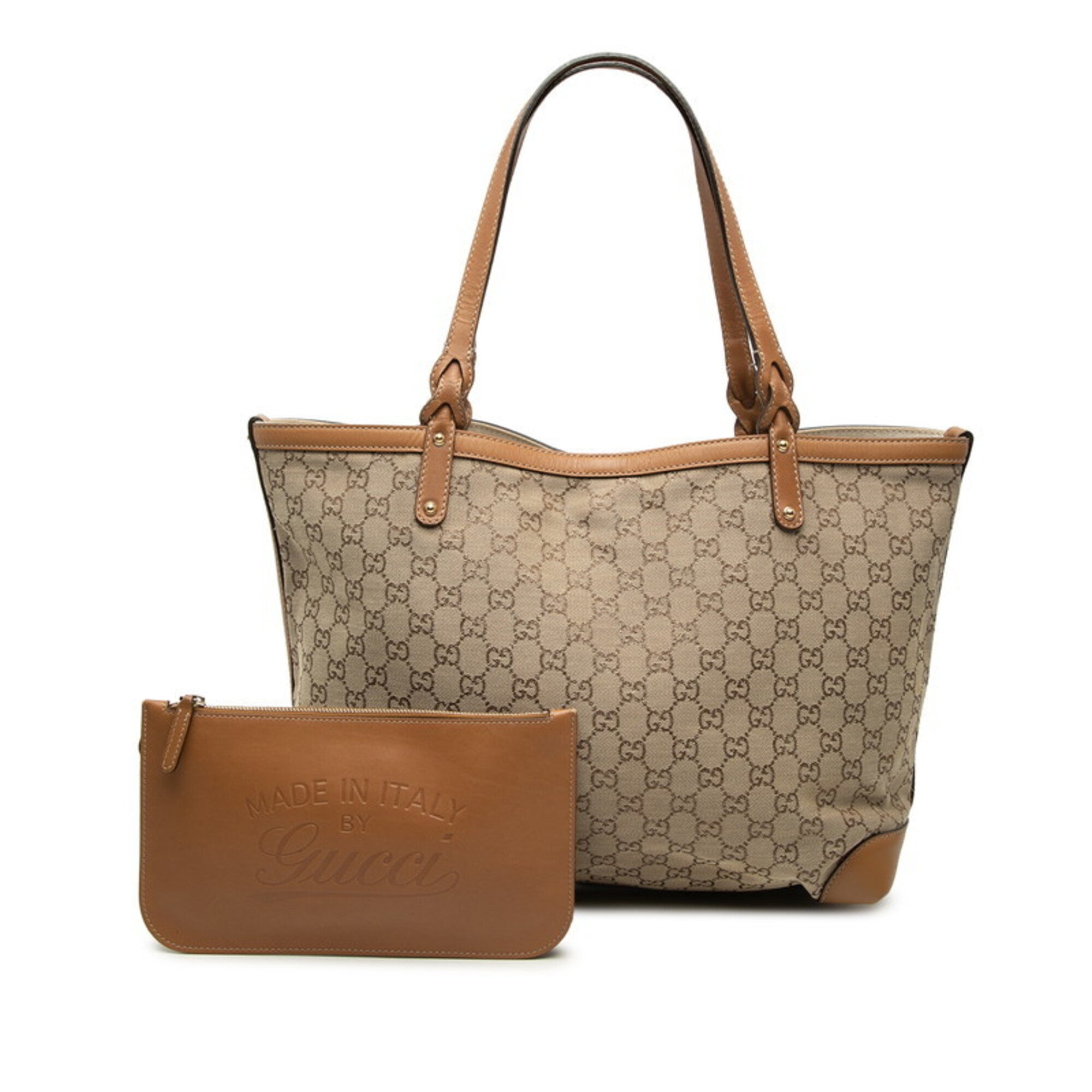 Gucci Beige Brown Canvas Leather Pouch Shoulder Bag Tote Bag (Pre-Owned)
