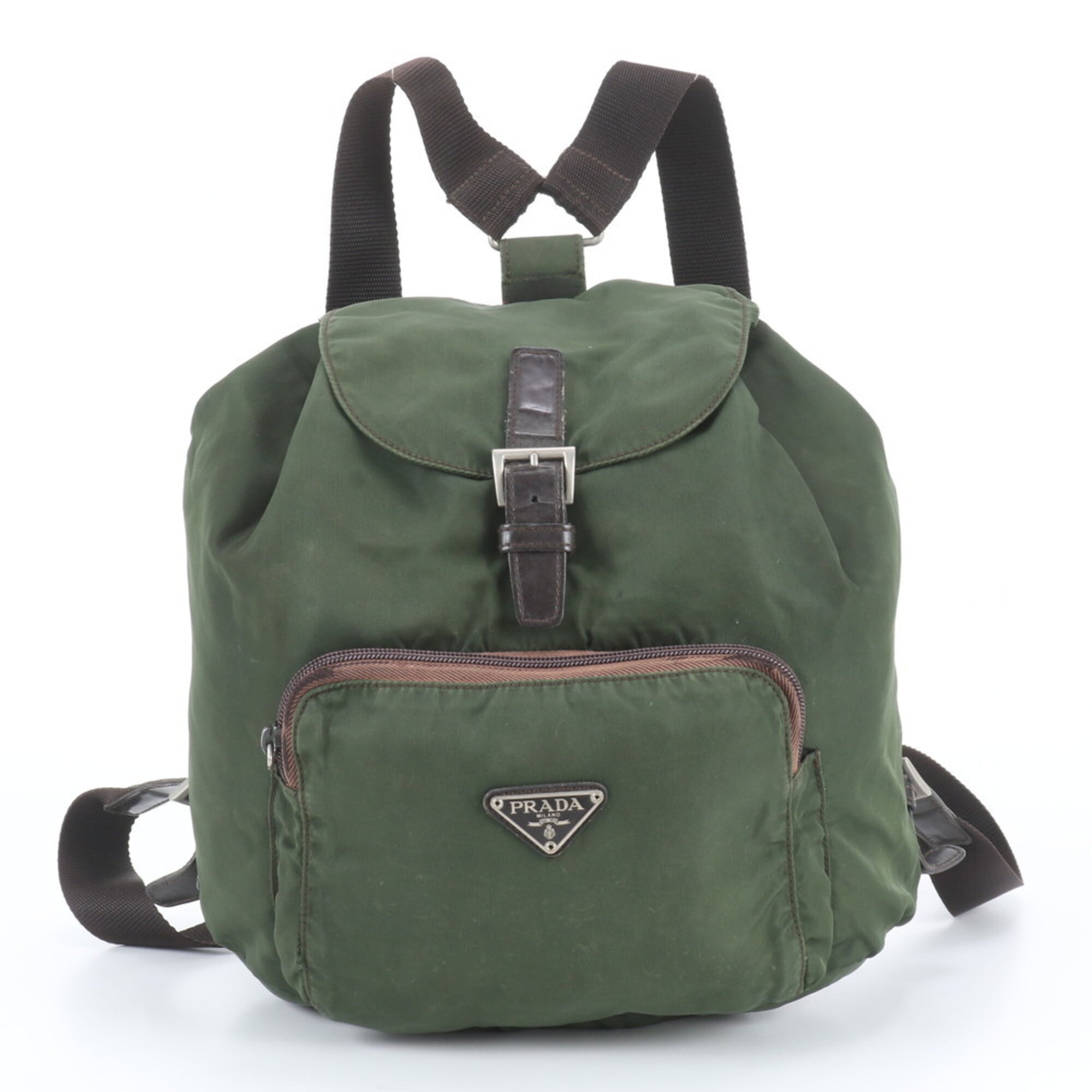 Prada Brown Green Khaki Leather Nylon Backpack (Pre-Owned)
