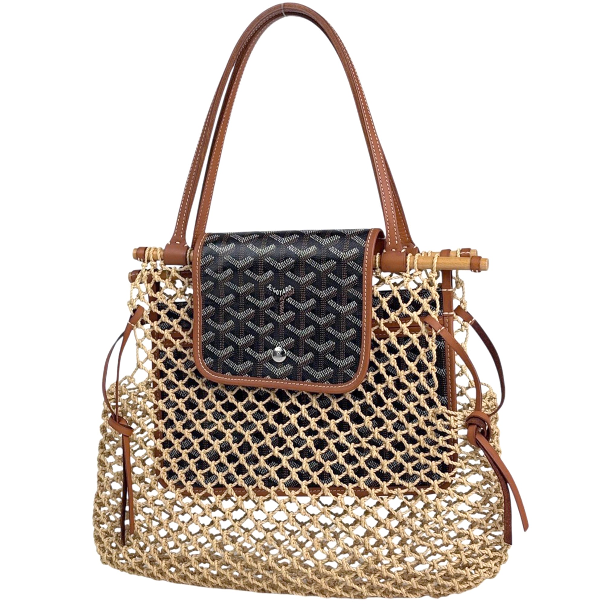 Goyard Beige Black Brown Raffia Coated Canvas Leather Shoulder Bag (Pre-Owned)