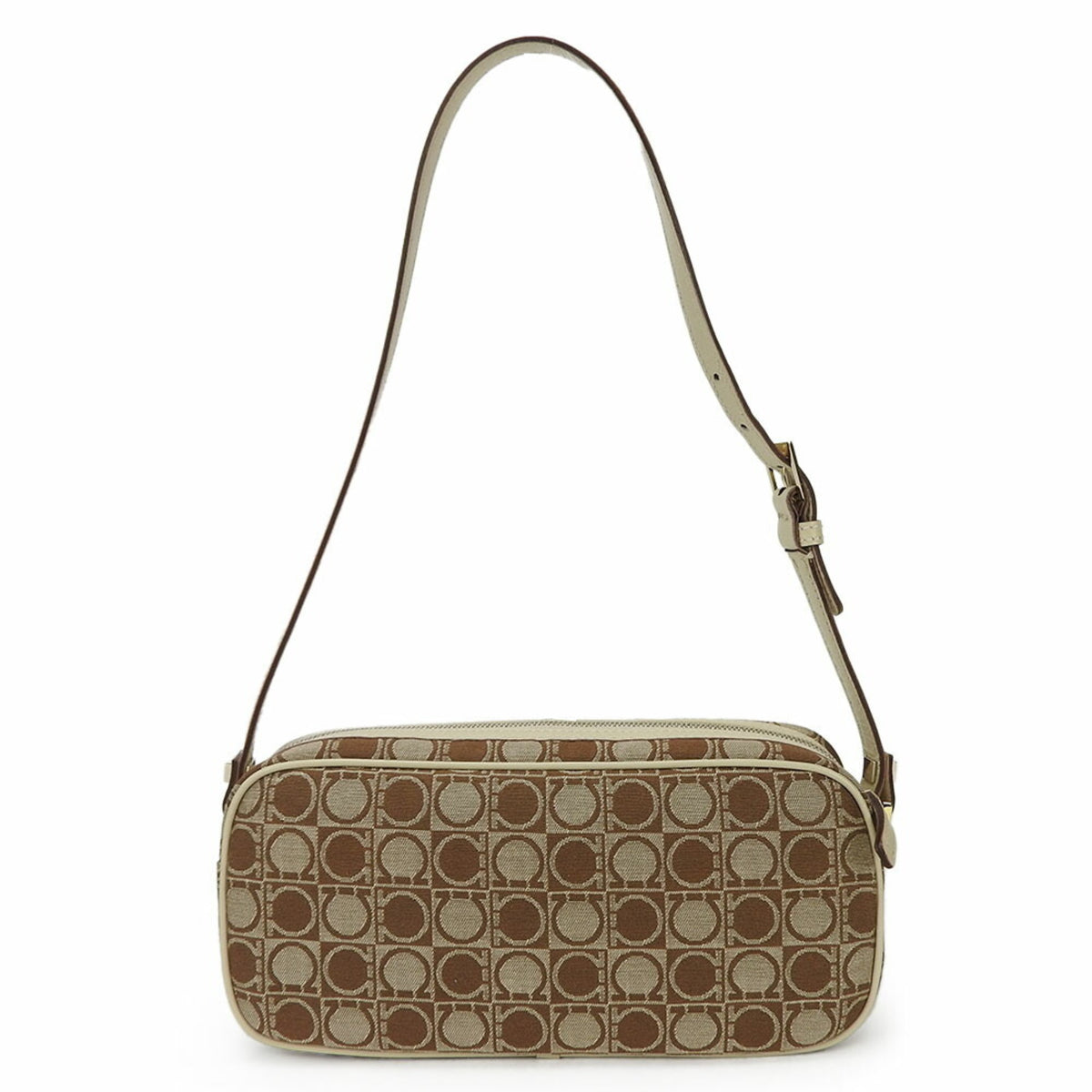 Salvatore Ferragamo Gancini Beige Brown Canvas Leather Shoulder Bag (Pre-Owned)