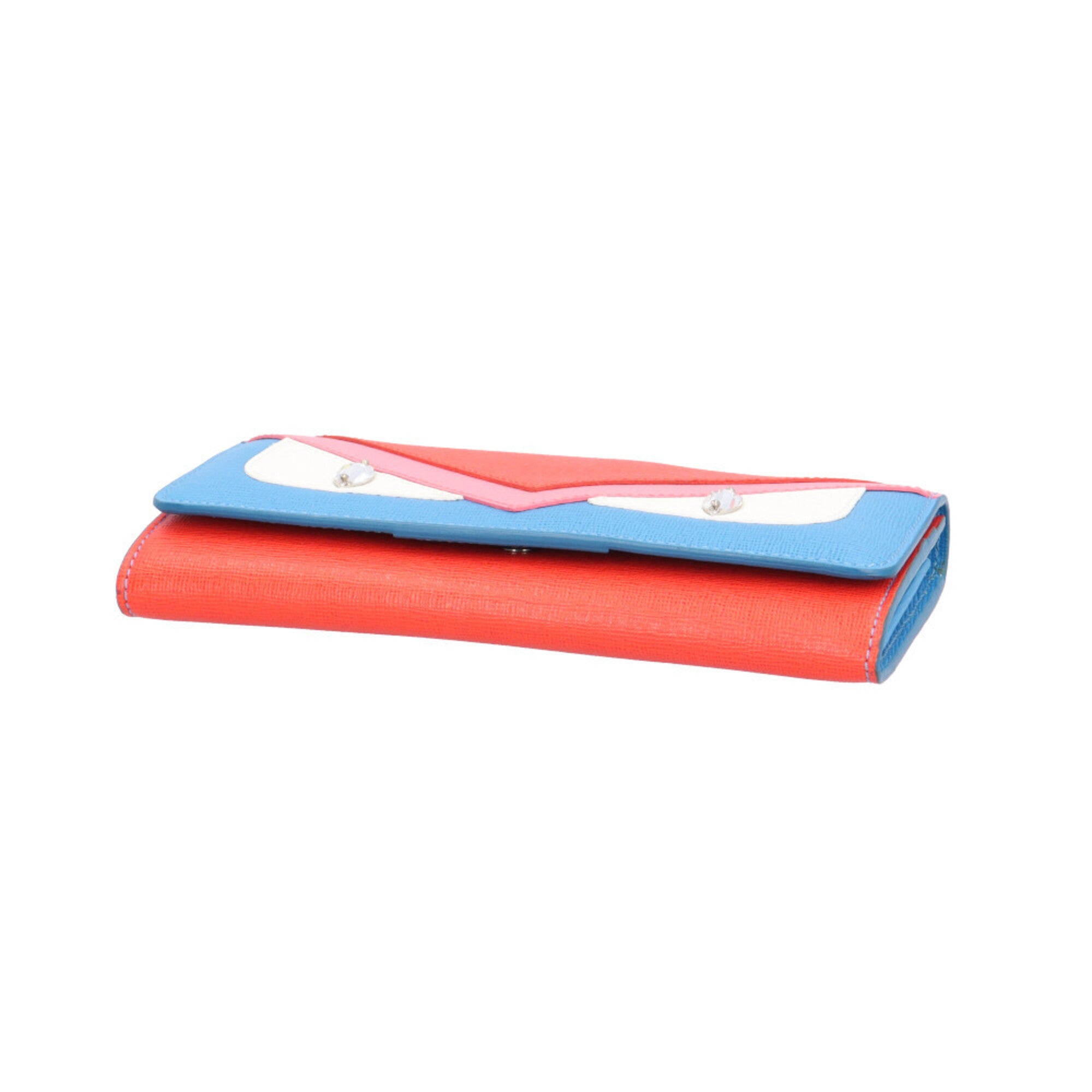 Fendi Blue Pink Red Color Leather Long Wallet (Bi-Fold) (Pre-Owned)