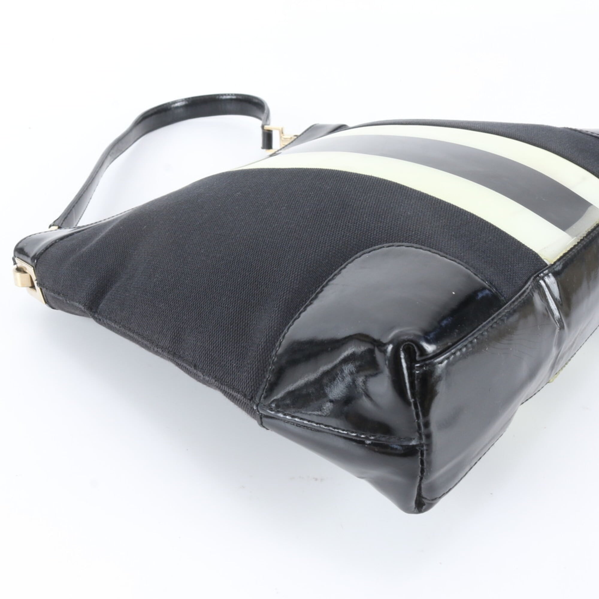 Gucci Black White Leather Canvas Handbag Shoulder Bag Tote Bag (Pre-Owned)