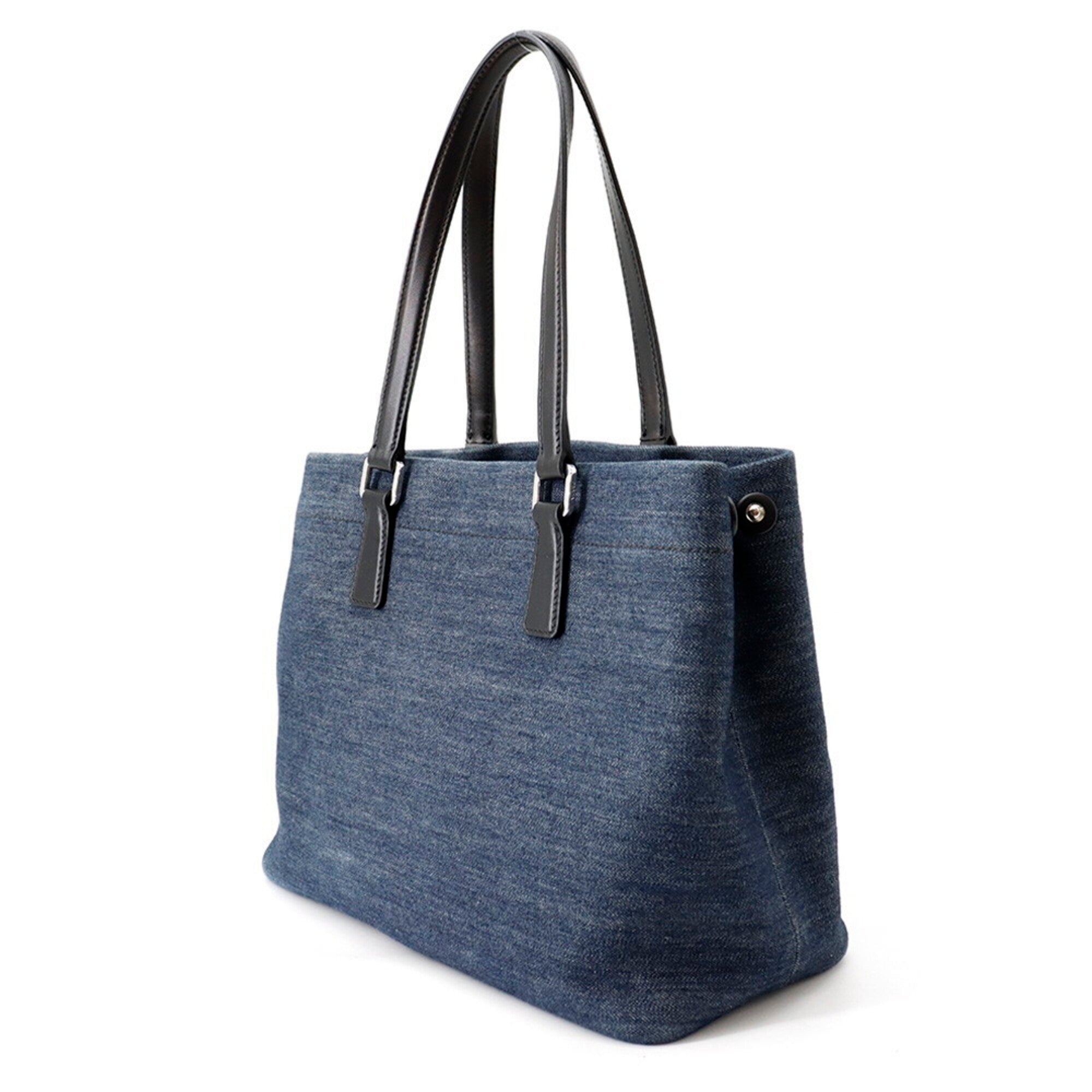Prada Black Blue Cotton Leather Shoulder Bag Tote Bag (Pre-Owned)