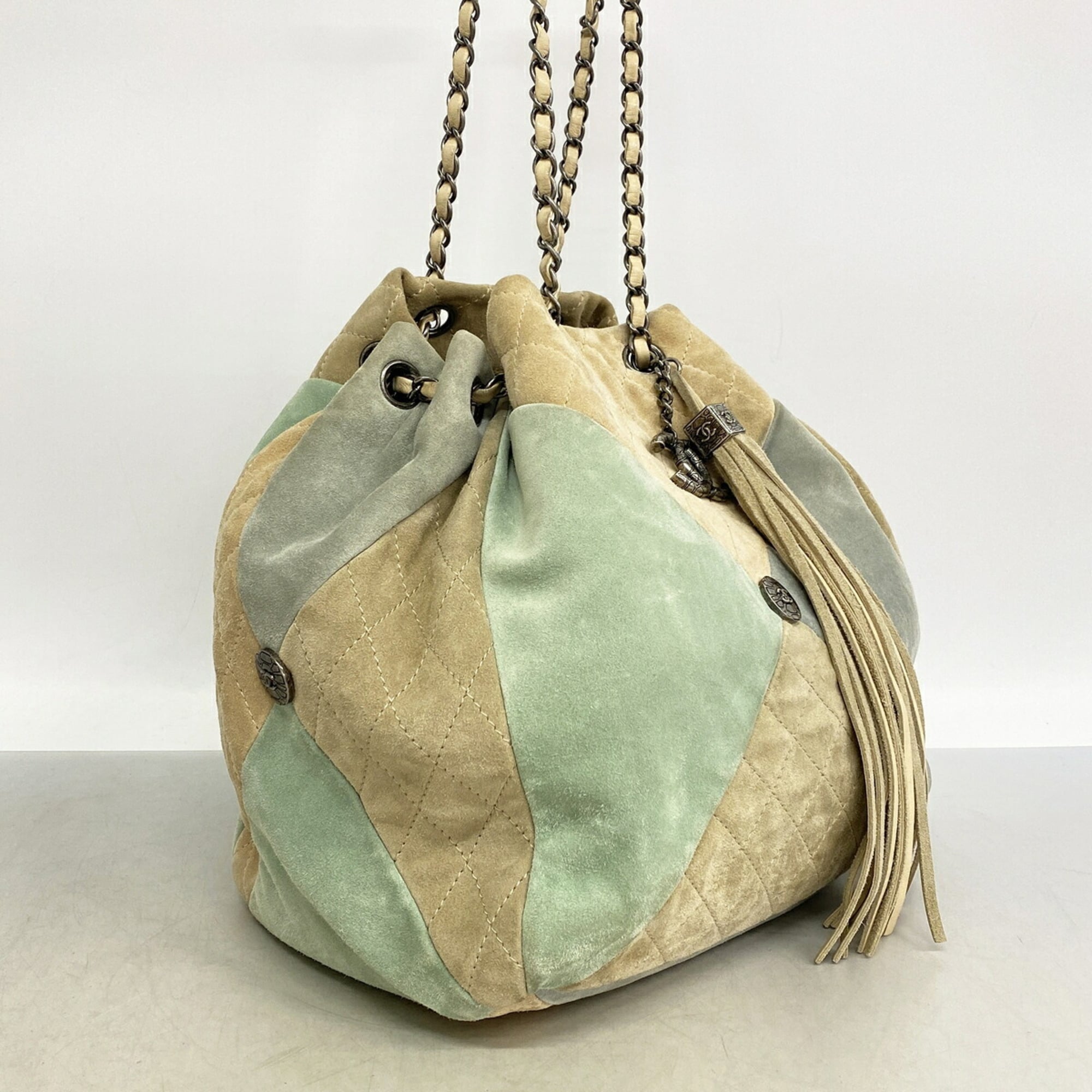 Chanel Beige Blue Green Suede Shoulder Bag (Pre-Owned)