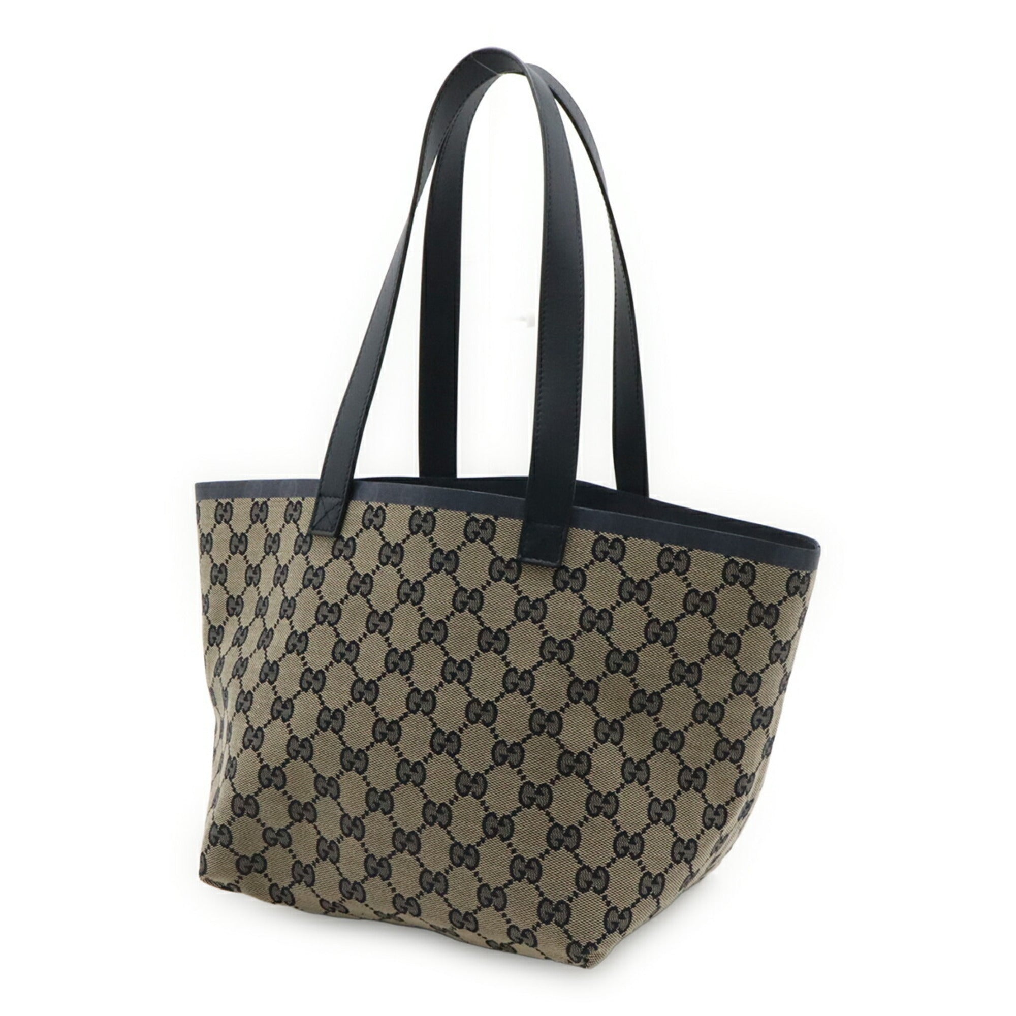 Gucci Beige Navy Canvas Leather Handbag Pouch Shoulder Bag Tote Bag (Pre-Owned)
