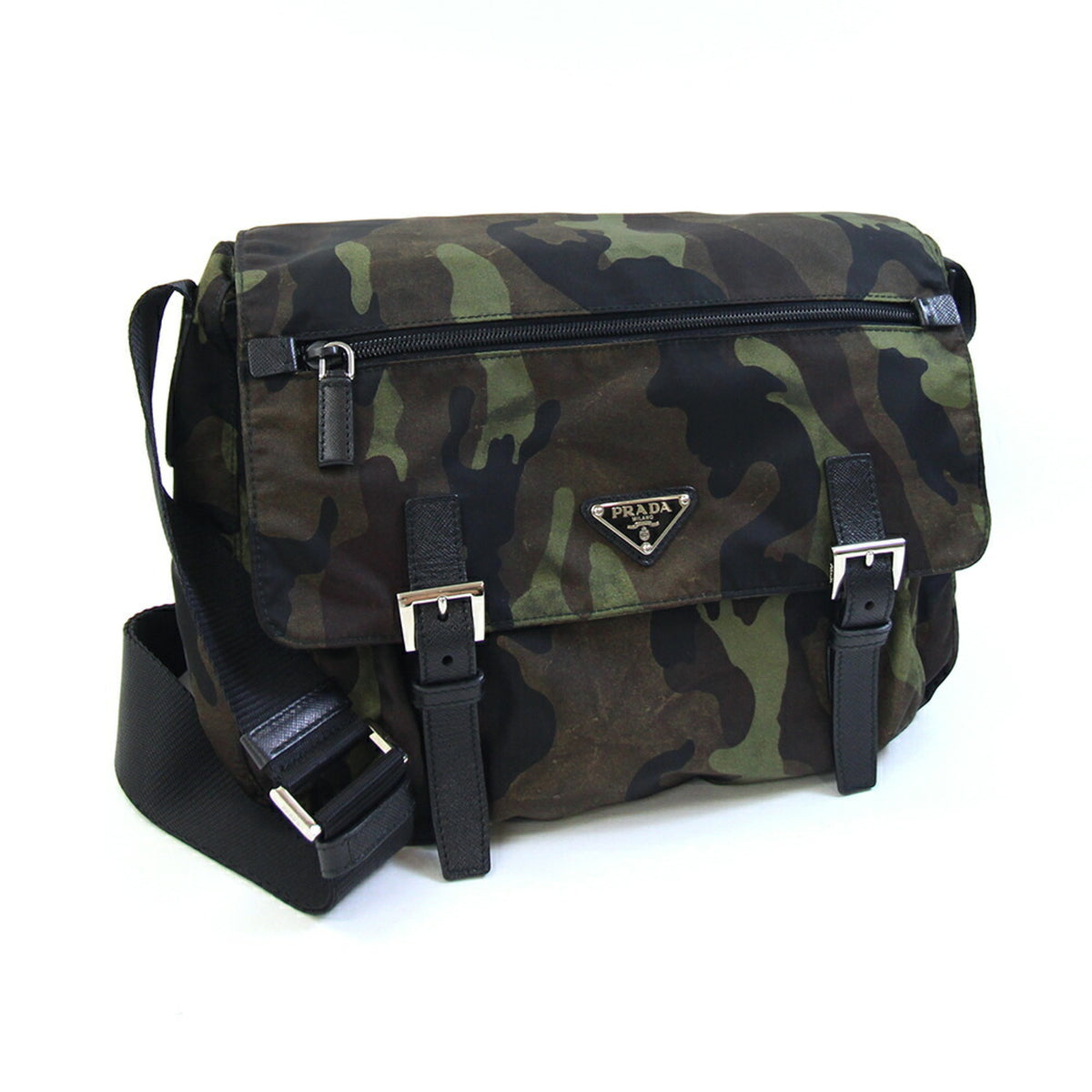 Prada Black Brown Green Khaki Nylon Leather Shoulder Bag (Pre-Owned)