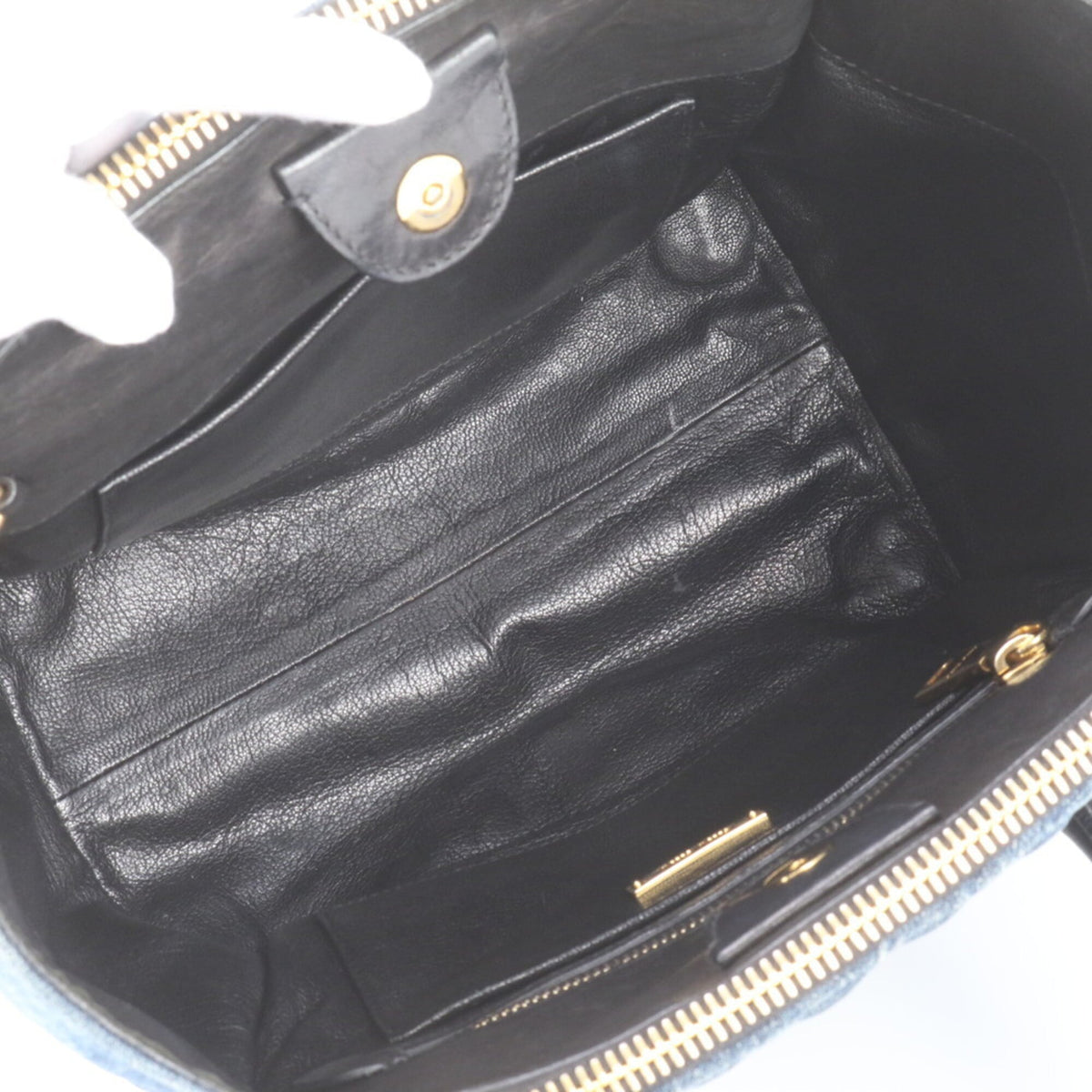 Miu Miu Black Blue Leather Canvas Shoulder Bag Tote Bag (Pre-Owned)