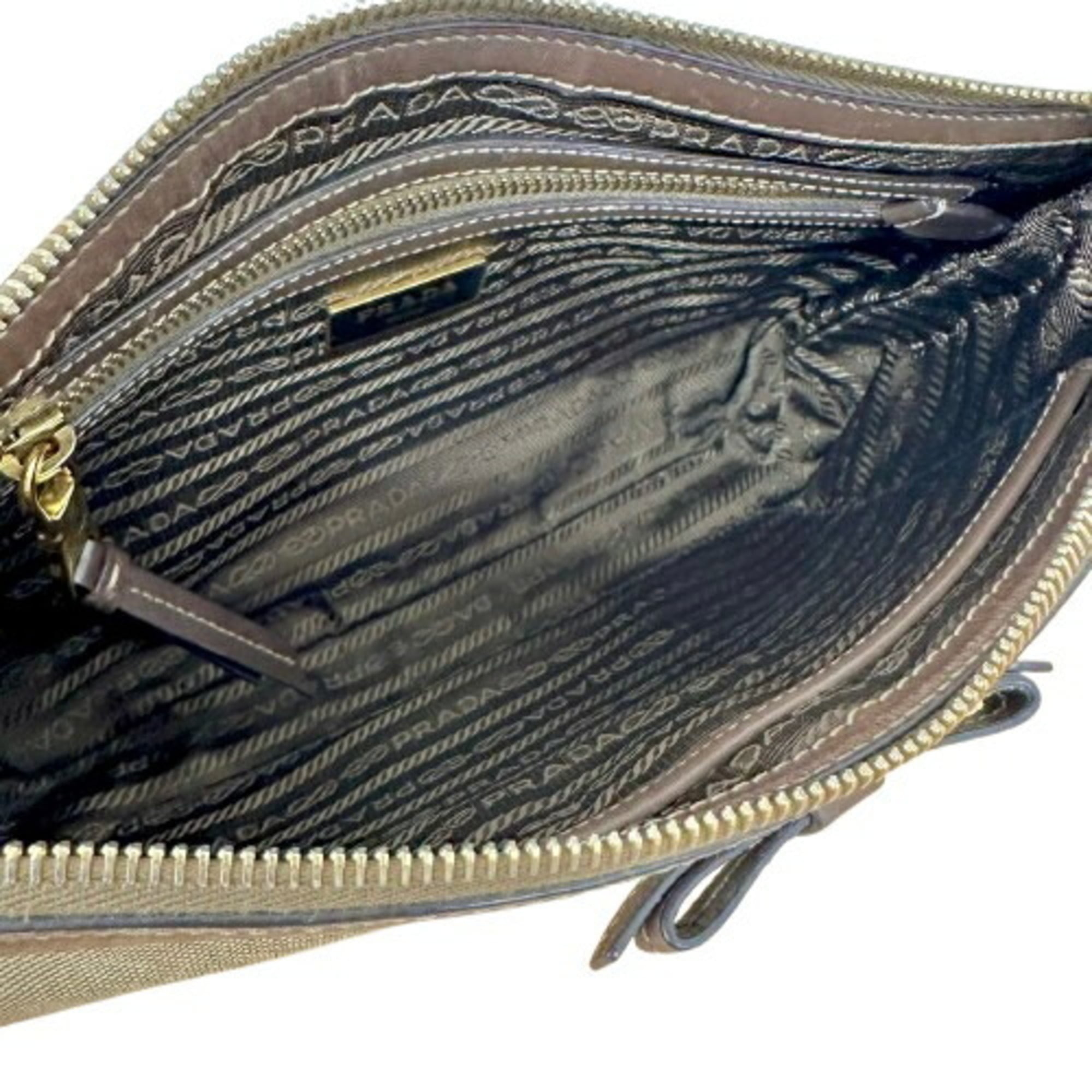 Prada Beige Brown Canvas Shoulder Bag (Pre-Owned)
