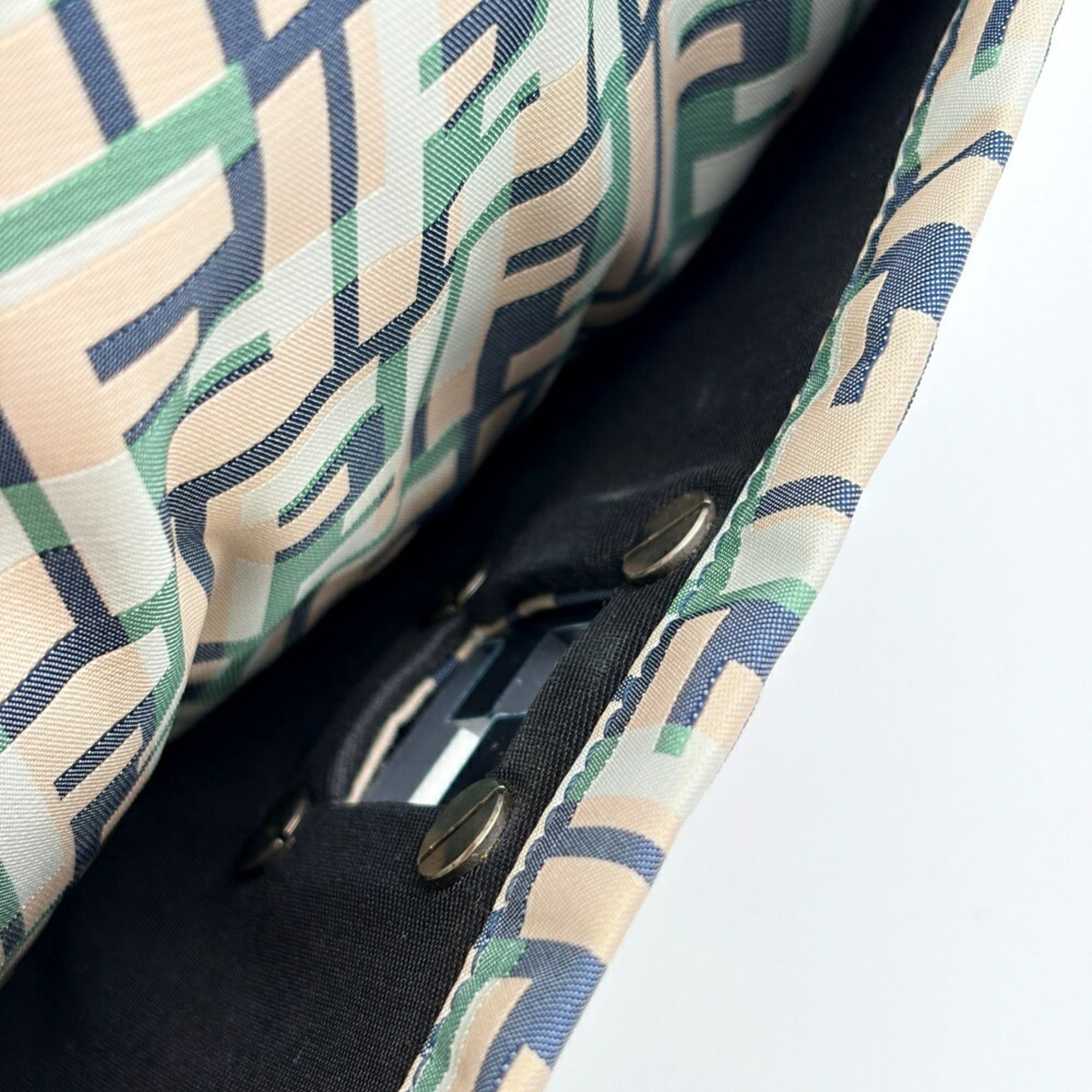 Fendi Beige Green Ivory Navy Zucca Nylon Canvas Leather Shoulder Bag (Pre-Owned)