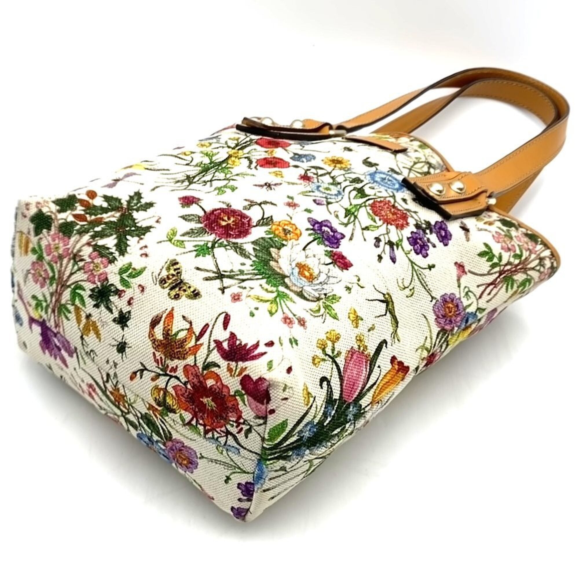 Gucci Flora Brown Orange Canvas Leather Handbag Tote Bag (Pre-Owned)