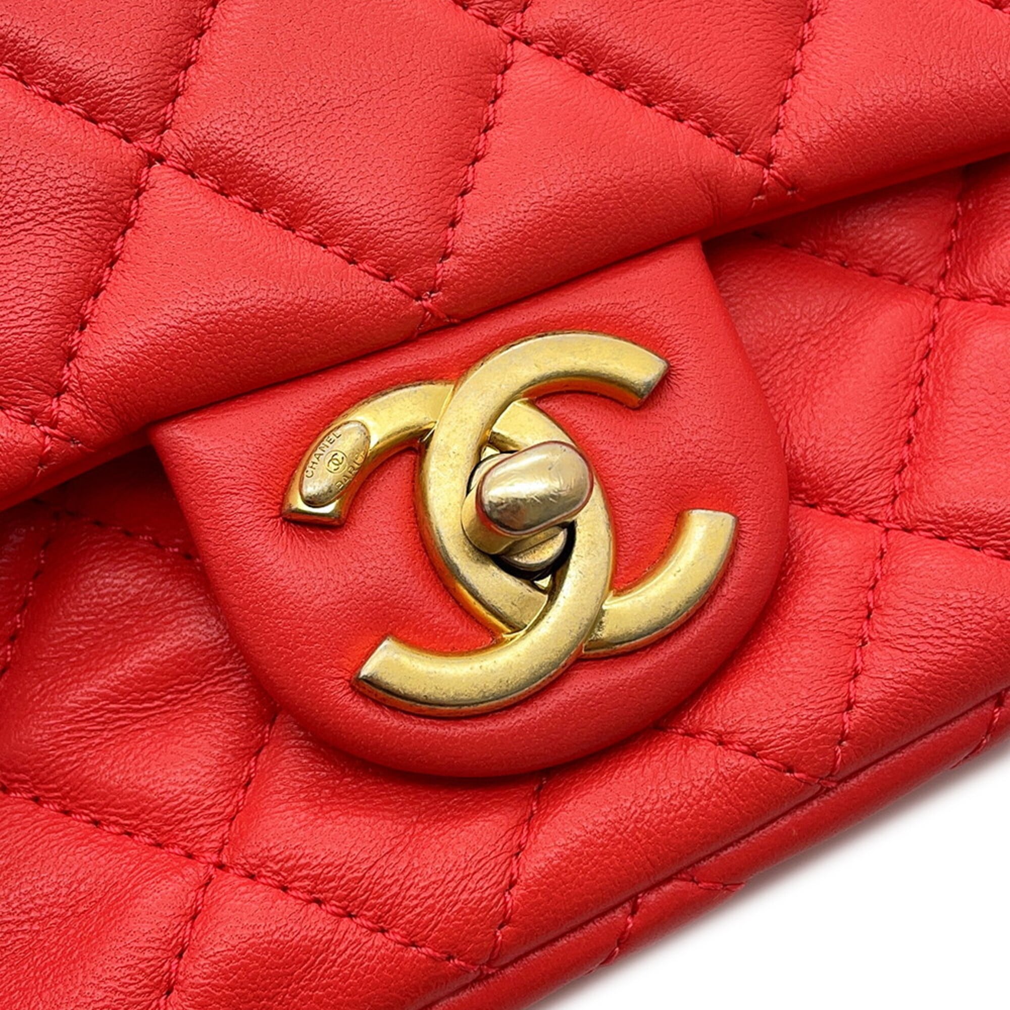 Chanel Coral Red Leather Handbag Shoulder Bag (Pre-Owned)