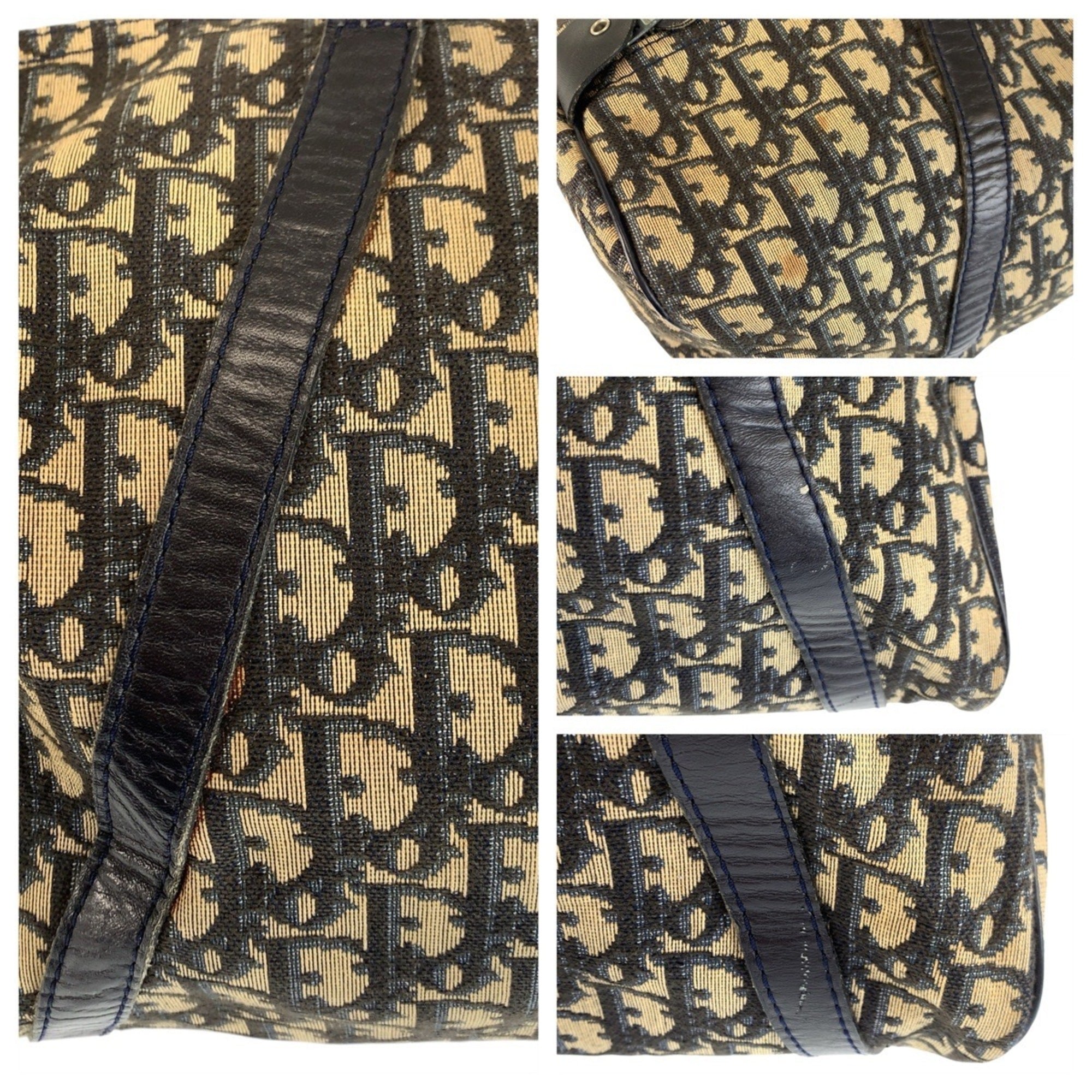 Christian Dior Beige Navy Canvas Leather Boston Bag Handbag (Pre-Owned)