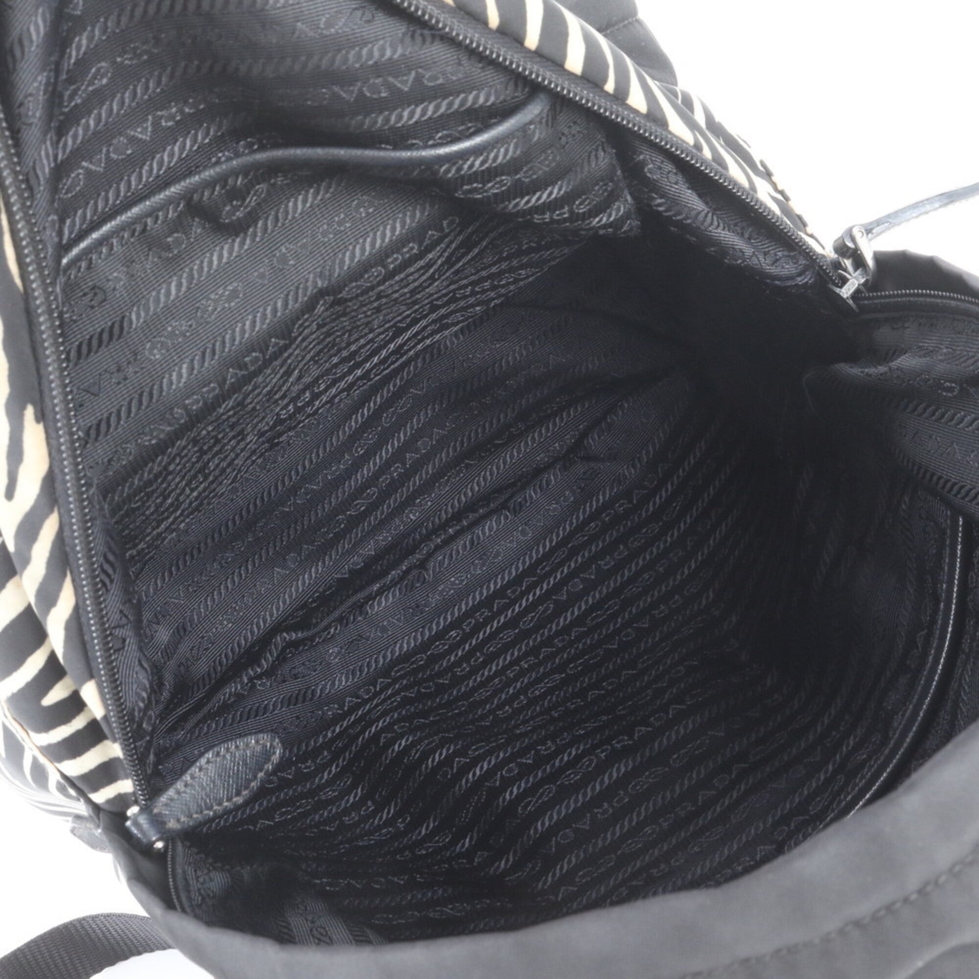 Prada Black White Leather Nylon Backpack Handbag (Pre-Owned)