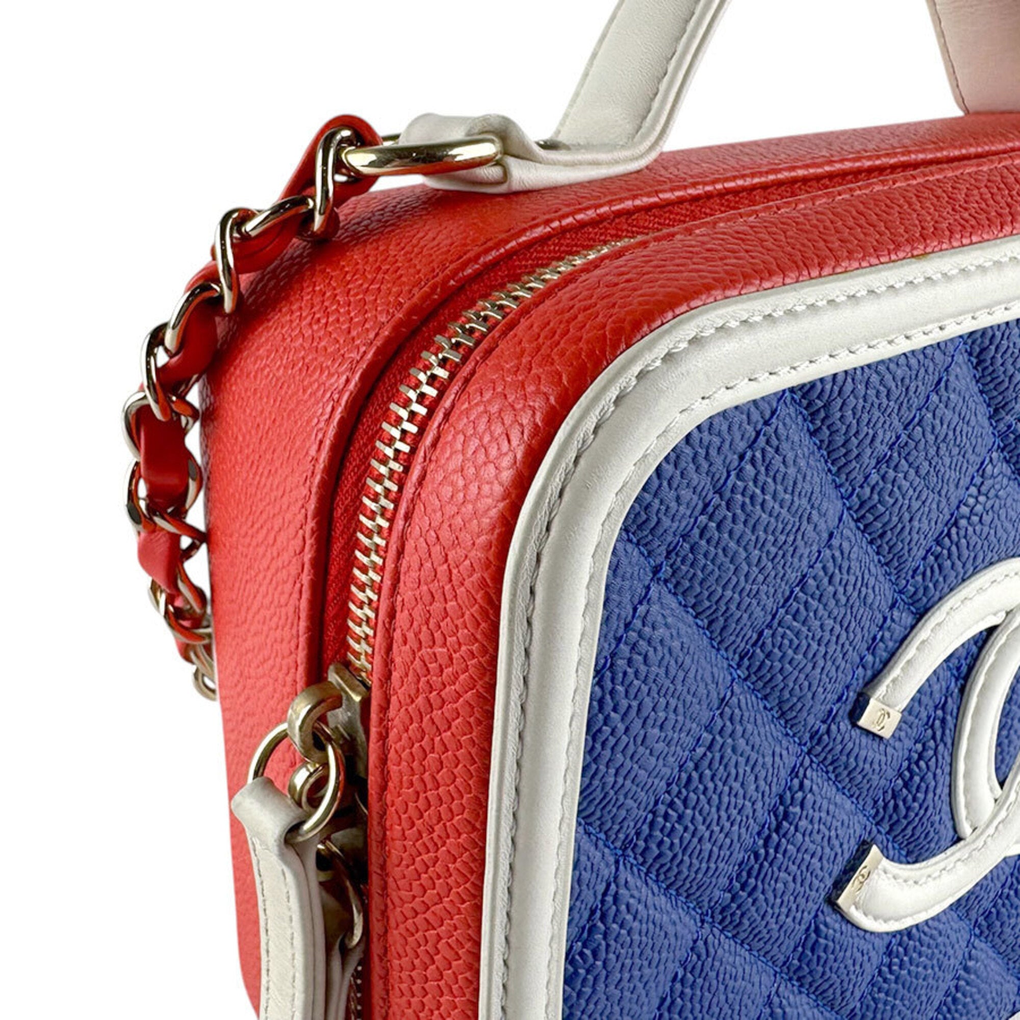 Chanel Blue Red Color White Grained Calfskin Shoulder Bag (Pre-Owned)