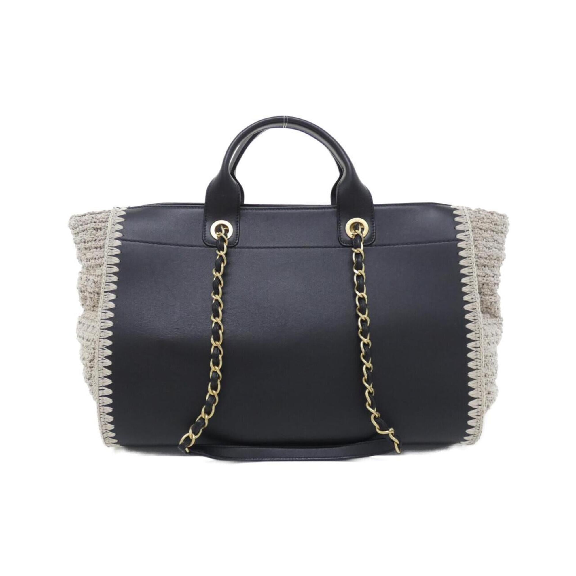 Chanel Black Gray Leather Knit Handbag (Pre-Owned)