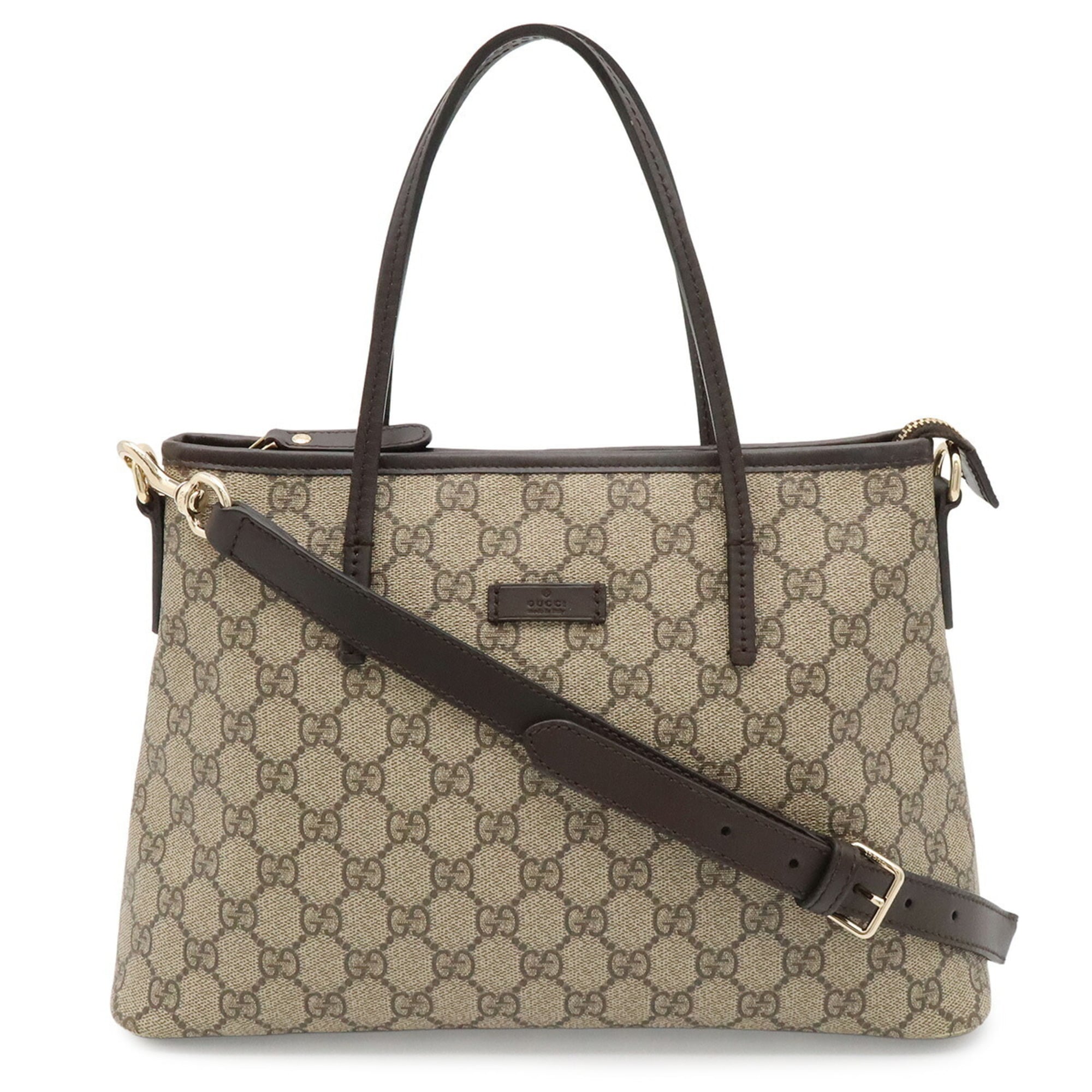 Gucci Gg Plus Beige Dark Brown Gg Supreme Canvas Pvc Coated Canvas Leather Handbag Shoulder Bag Tote Bag (Pre-Owned)