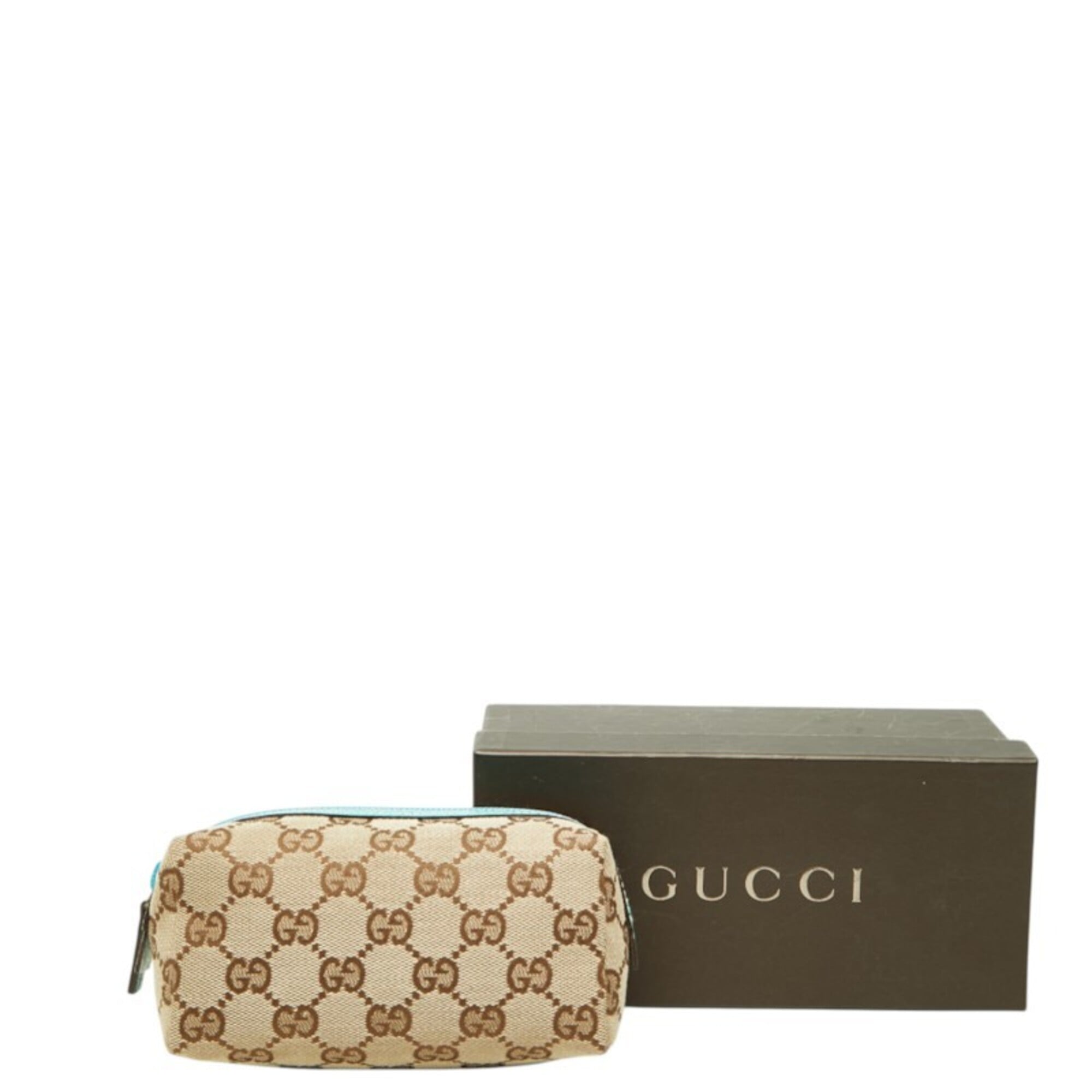 Gucci Beige Blue Canvas Leather Handbag Pouch (Pre-Owned)