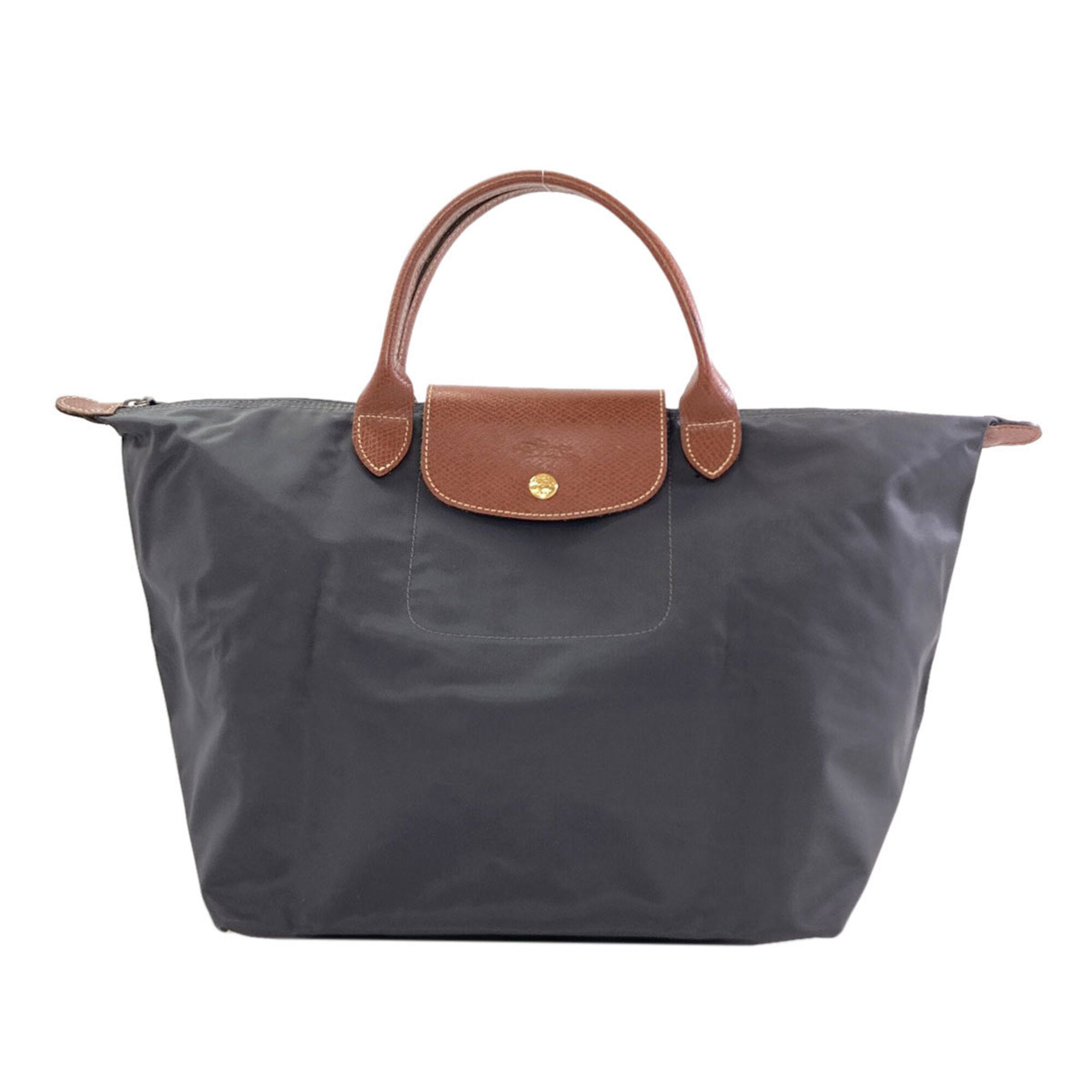 Longchamp Le Pliage Brown Gray Nylon Leather Handbag (Pre-Owned)