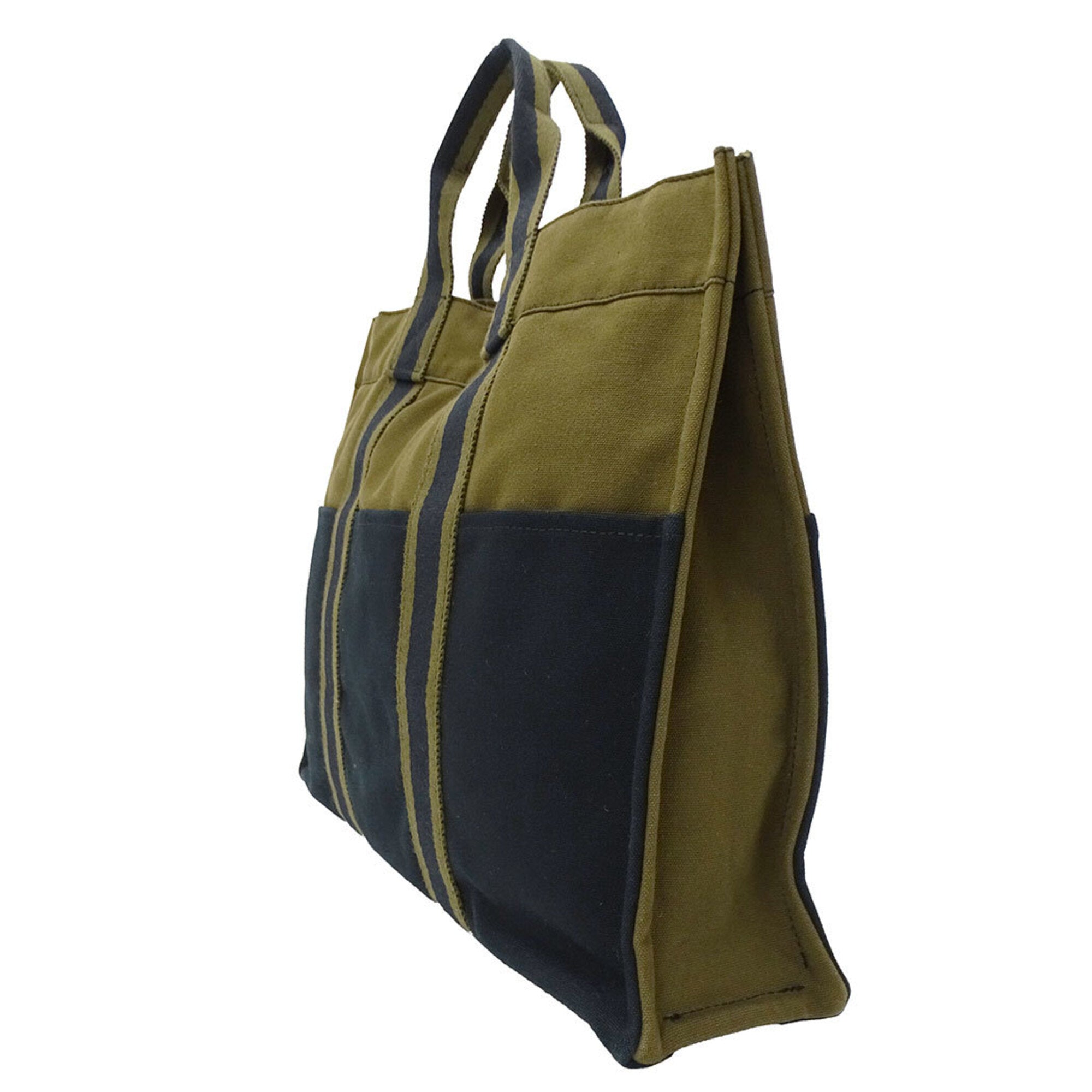 Hermes Green Khaki Navy Canvas Handbag Tote Bag (Pre-Owned)