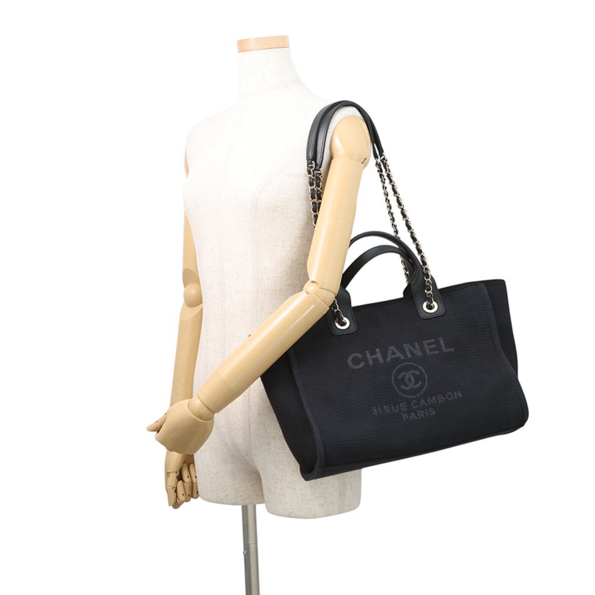 Chanel Black Canvas Leather Handbag Pouch Shopping Bag Tote Bag (Pre-Owned)