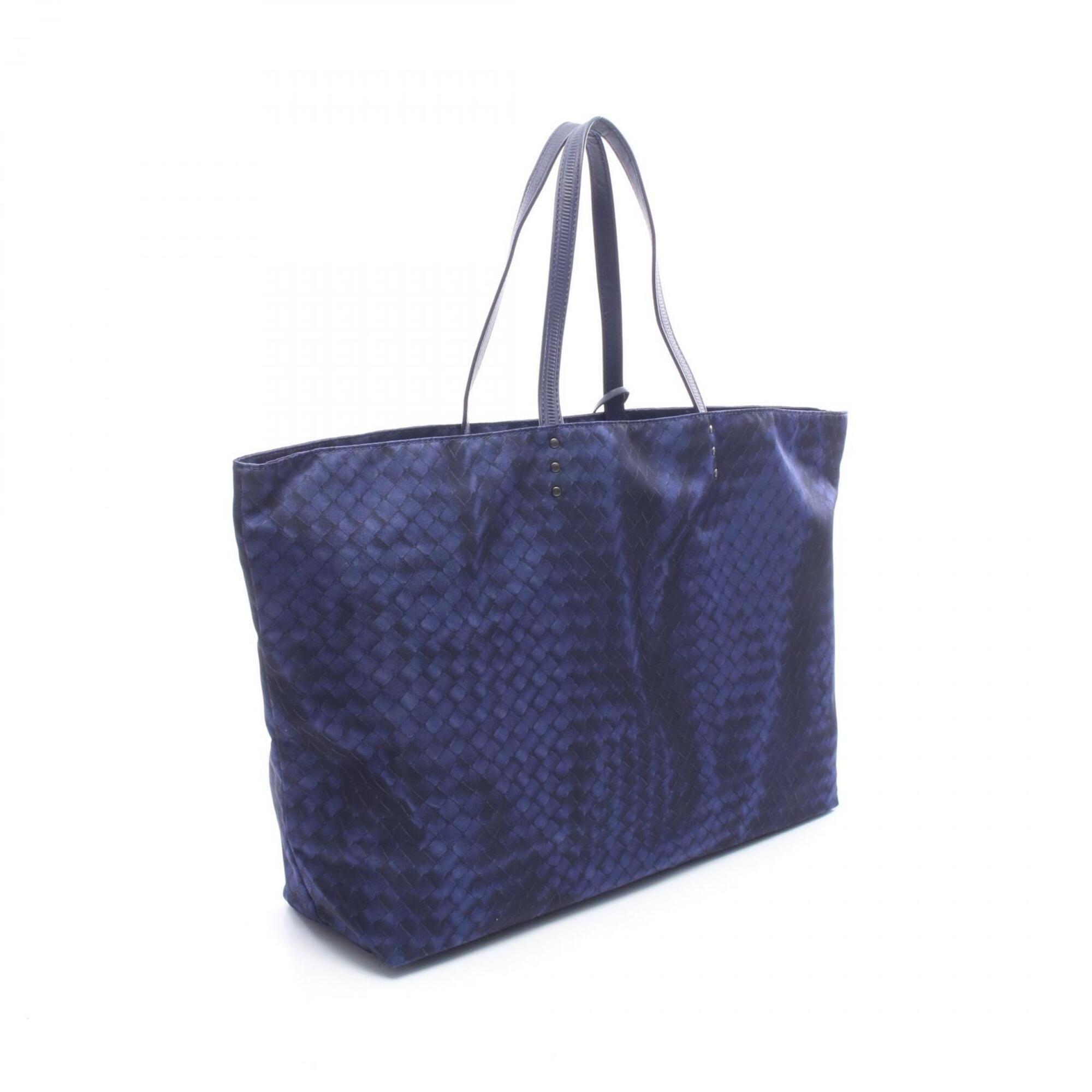 Bottega Veneta Blue Navy Nylon Leather Handbag Tote Bag (Pre-Owned)