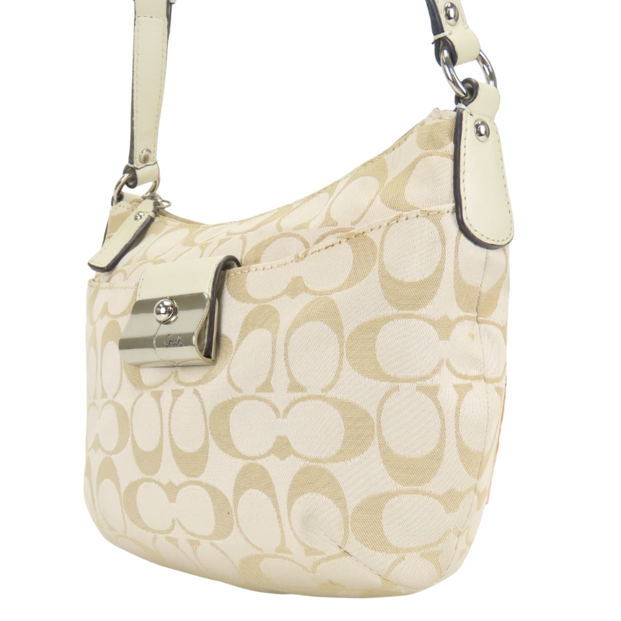 Coach Signature Gold Grayish Canvas Leather Shoulder Bag (Pre-Owned)