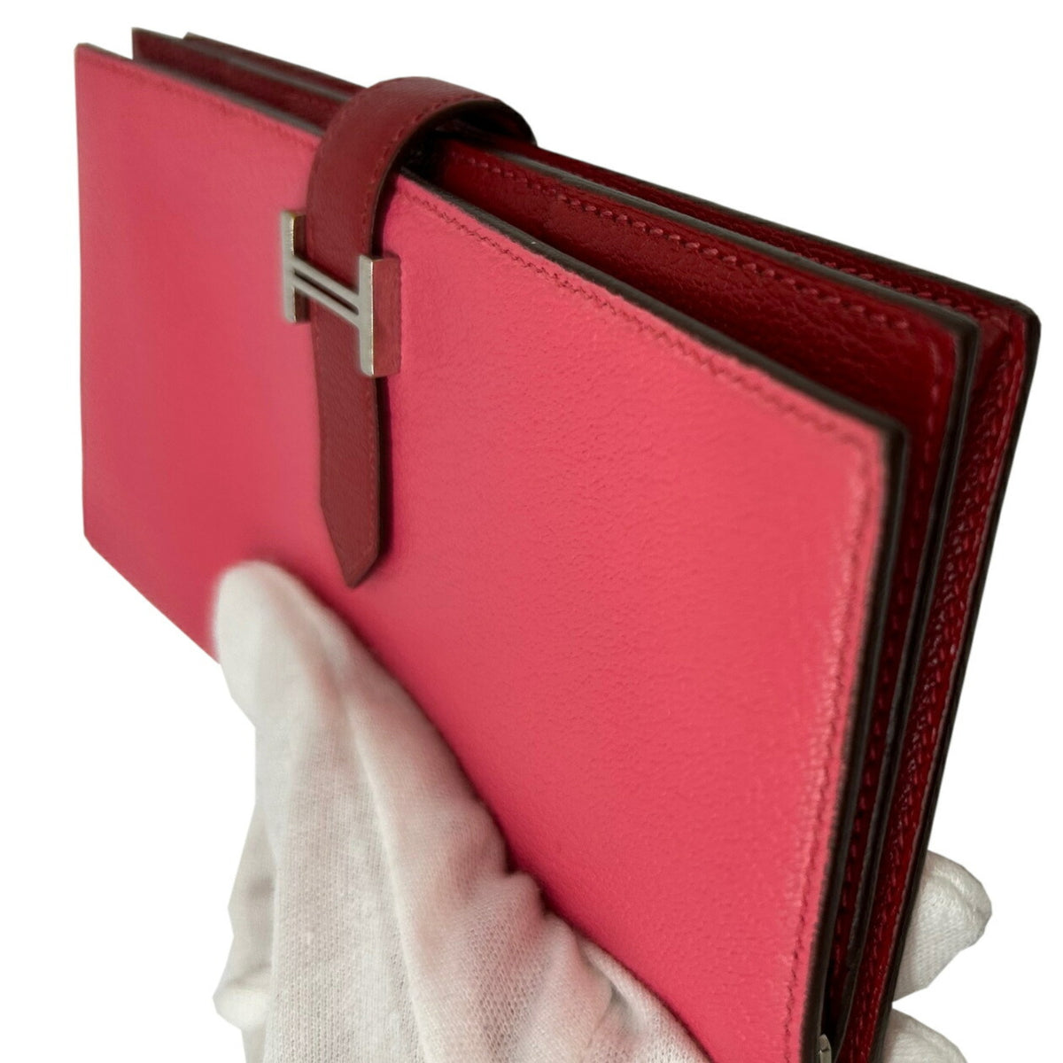 Hermes Bicolor Rouge Garance Chevre Leather Long Wallet (Bi-Fold) (Pre-Owned)