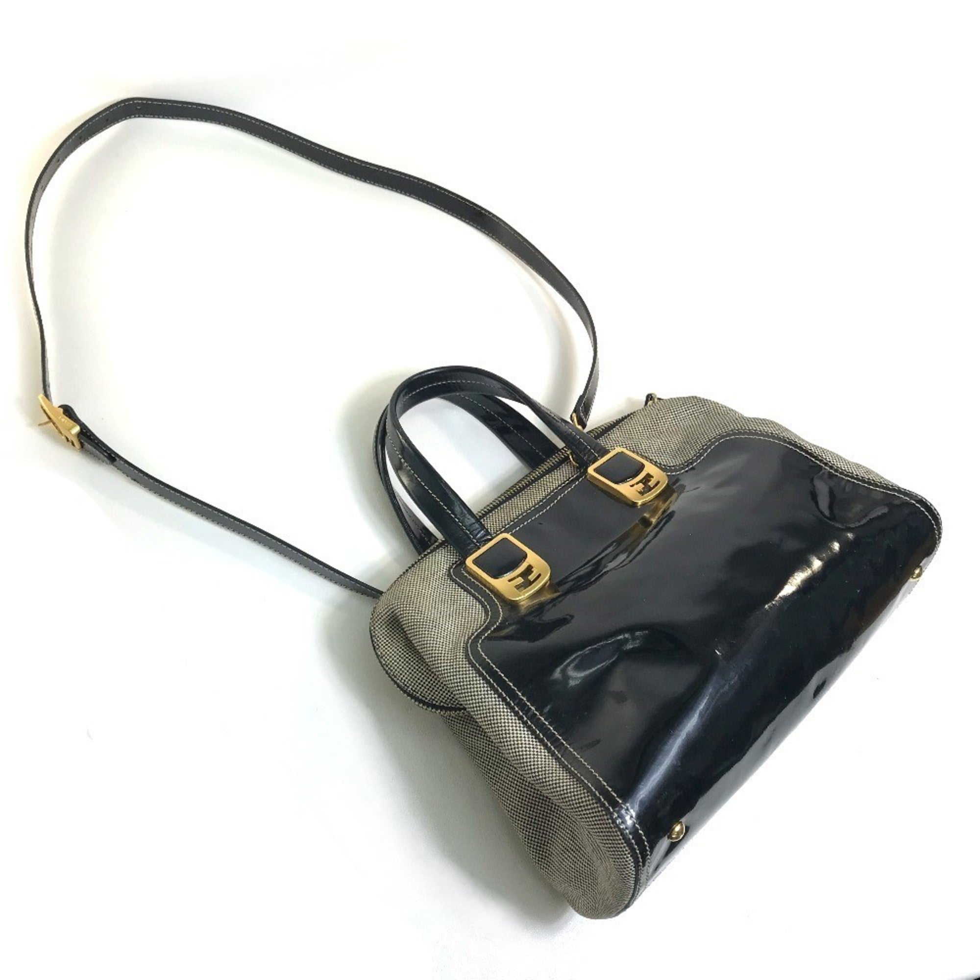 Fendi Chameleon Black Canvas Patent Leather Handbag Shoulder Bag (Pre-Owned)