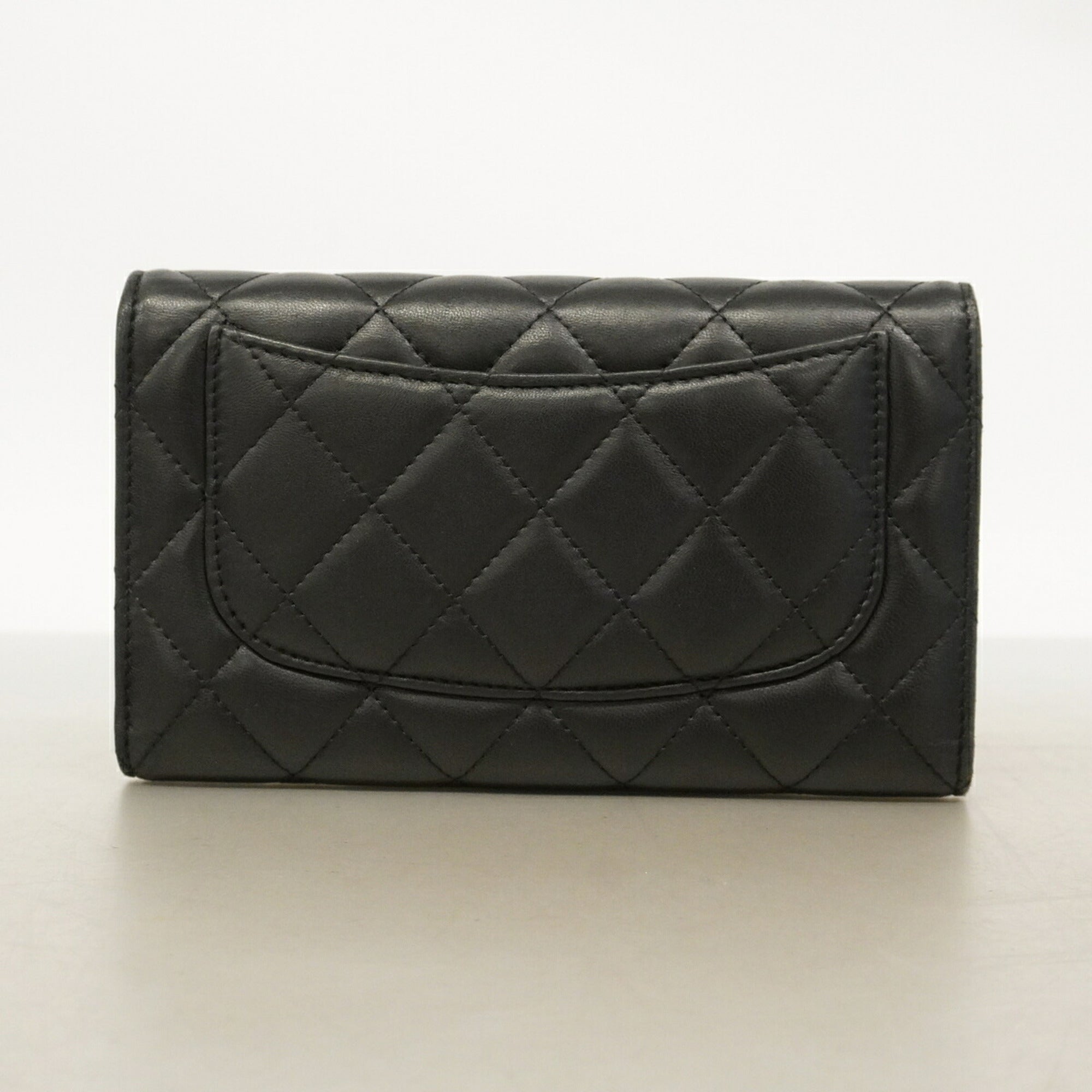 Chanel Black Leather Long Wallet (Tri-Fold) (Pre-Owned)