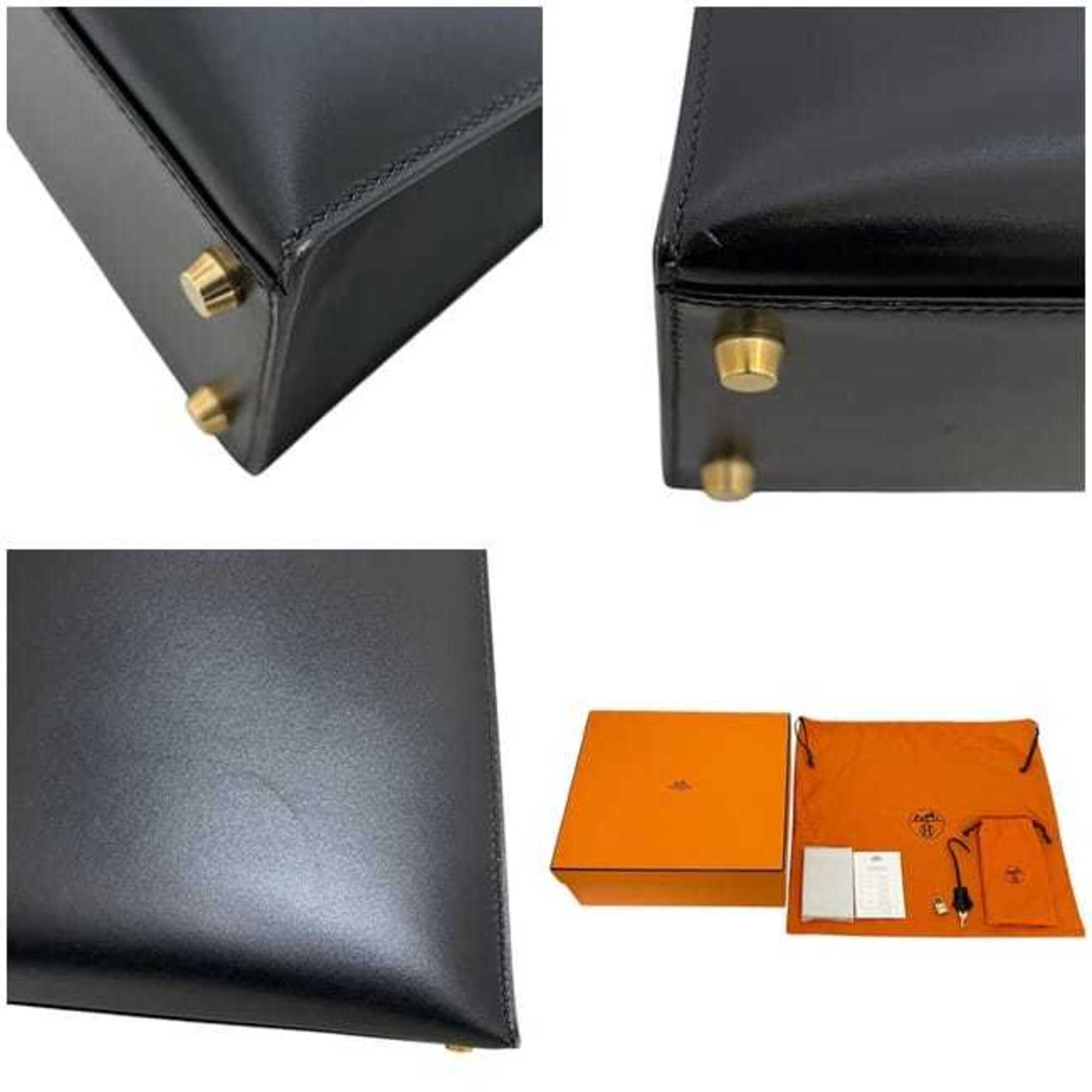 Hermes Kelly Black Box Calf Leather Handbag Shoulder Bag (Pre-Owned)
