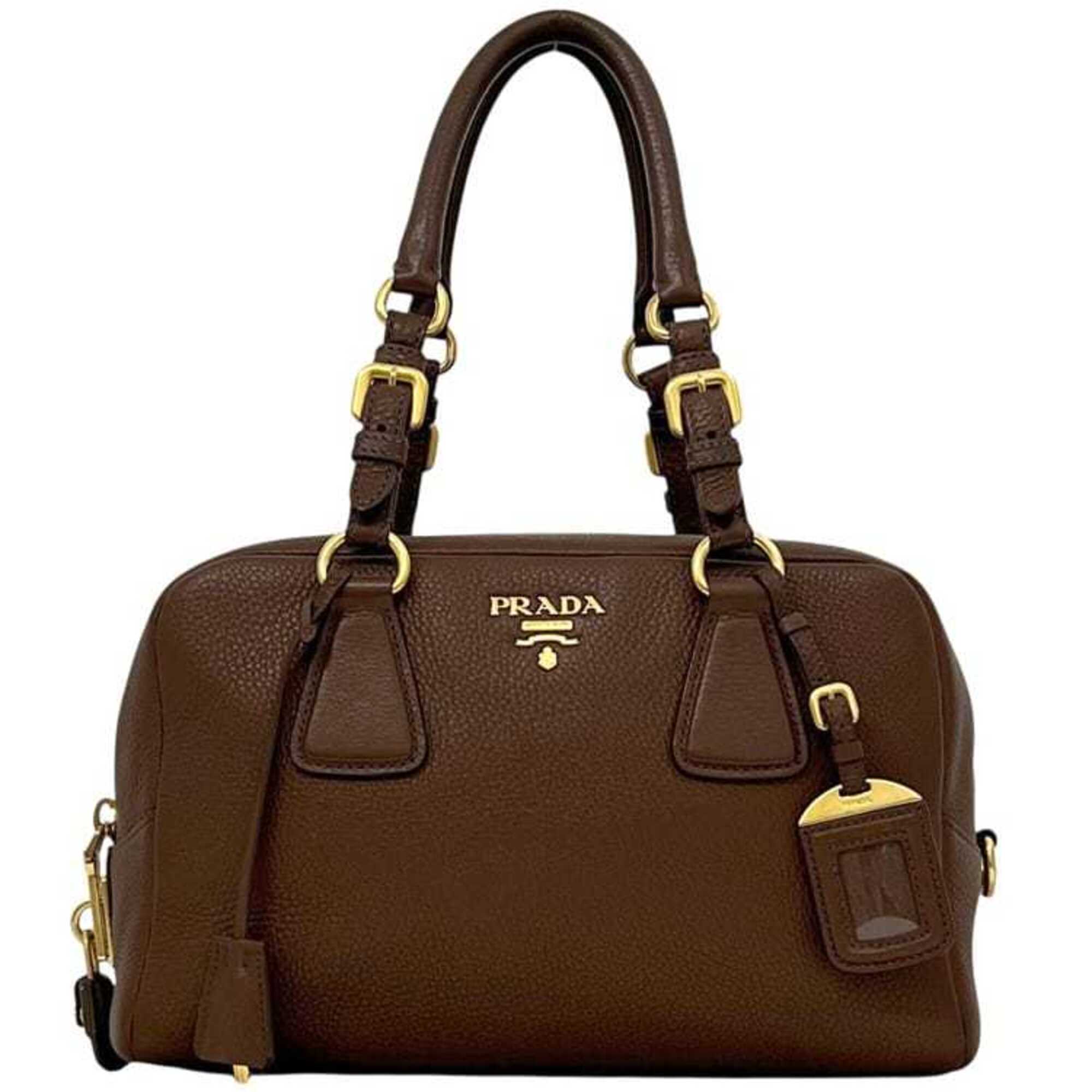Prada Brown Leather Boston Bag Handbag (Pre-Owned)