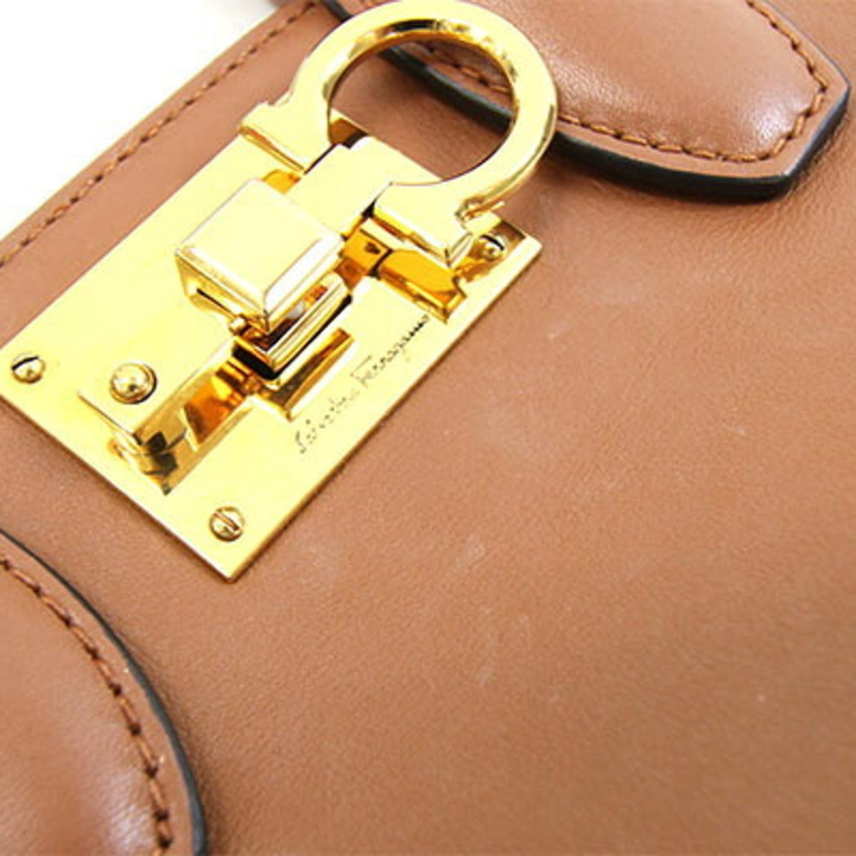 Salvatore Ferragamo Gancini Beige Brown Fabric Leather Handbag Pouch (Pre-Owned)