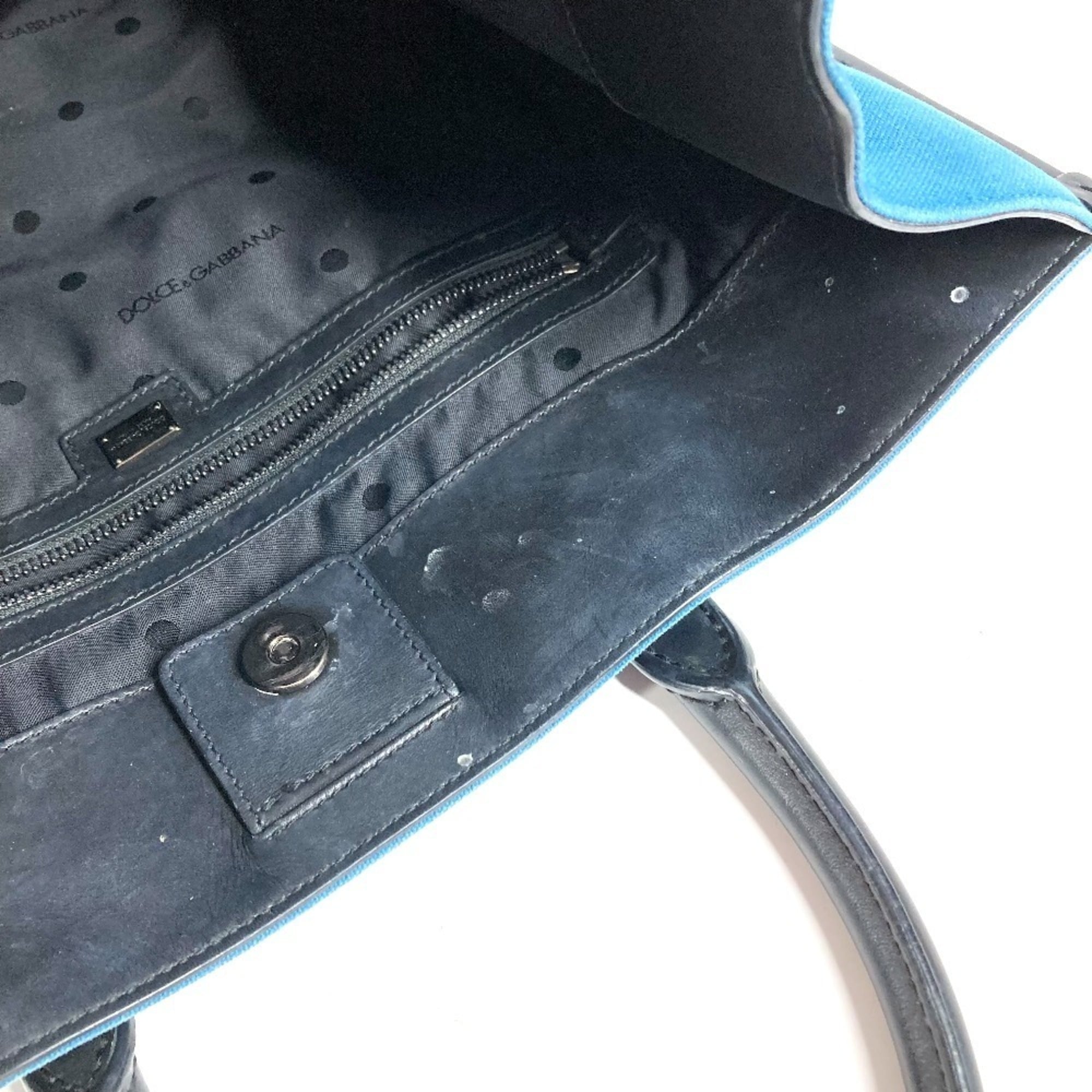 Dolce & Gabbana Black Blue Leather Canvas Shopping Bag Shoulder Bag Tote Bag (Pre-Owned)