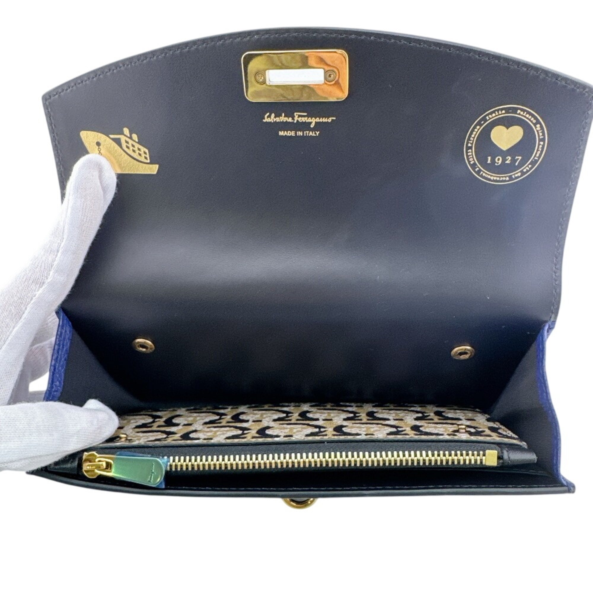 Salvatore Ferragamo Navy Leather Long Wallet (Tri-Fold) (Pre-Owned)