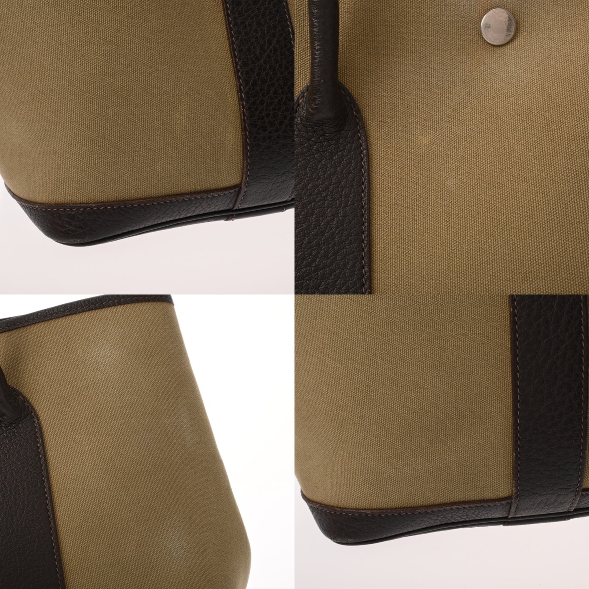 Hermes Garden Khaki Brown Toile Officier Leather Handbag (Pre-Owned)