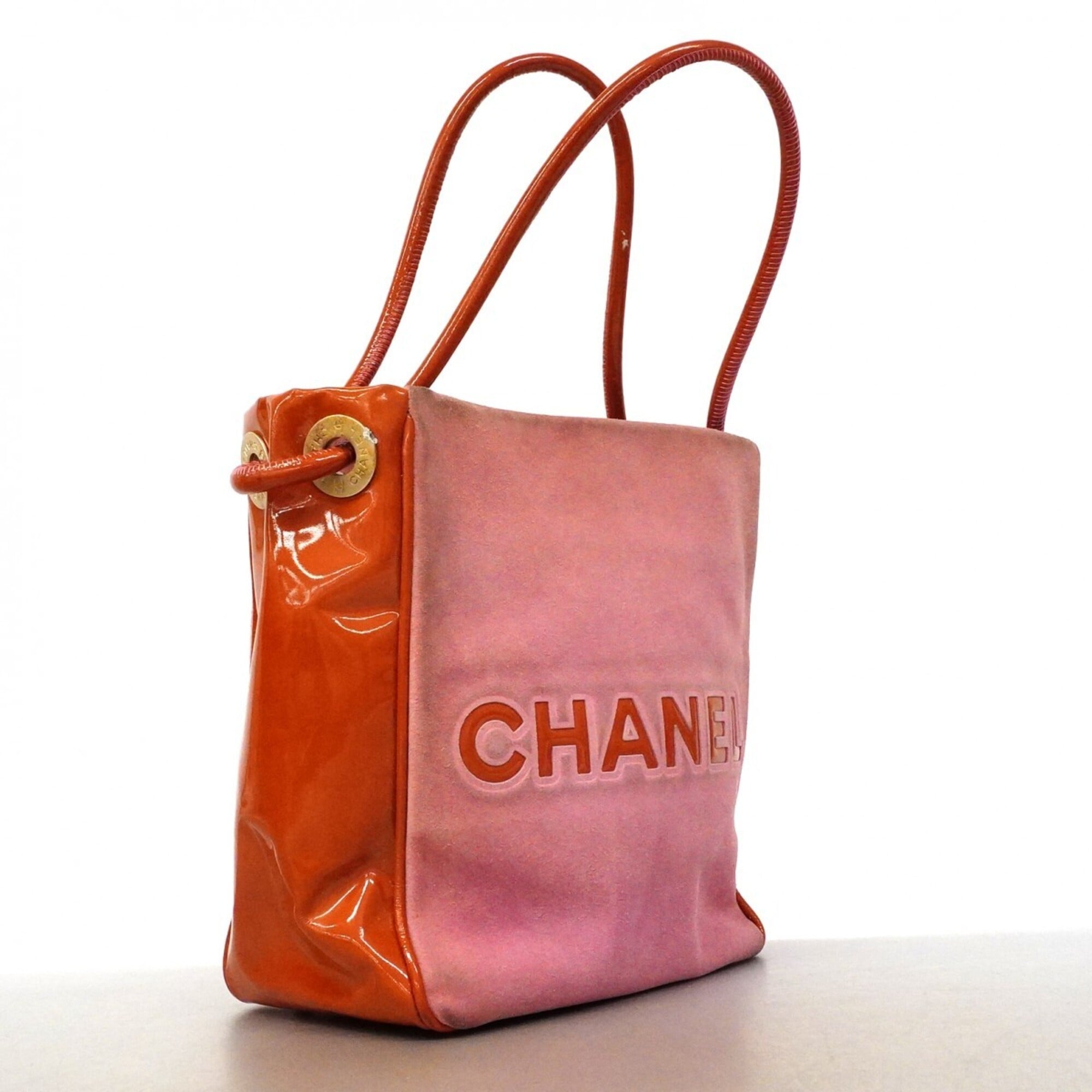Chanel Orange Pink Suede Patent Leather Tote Bag (Pre-Owned)