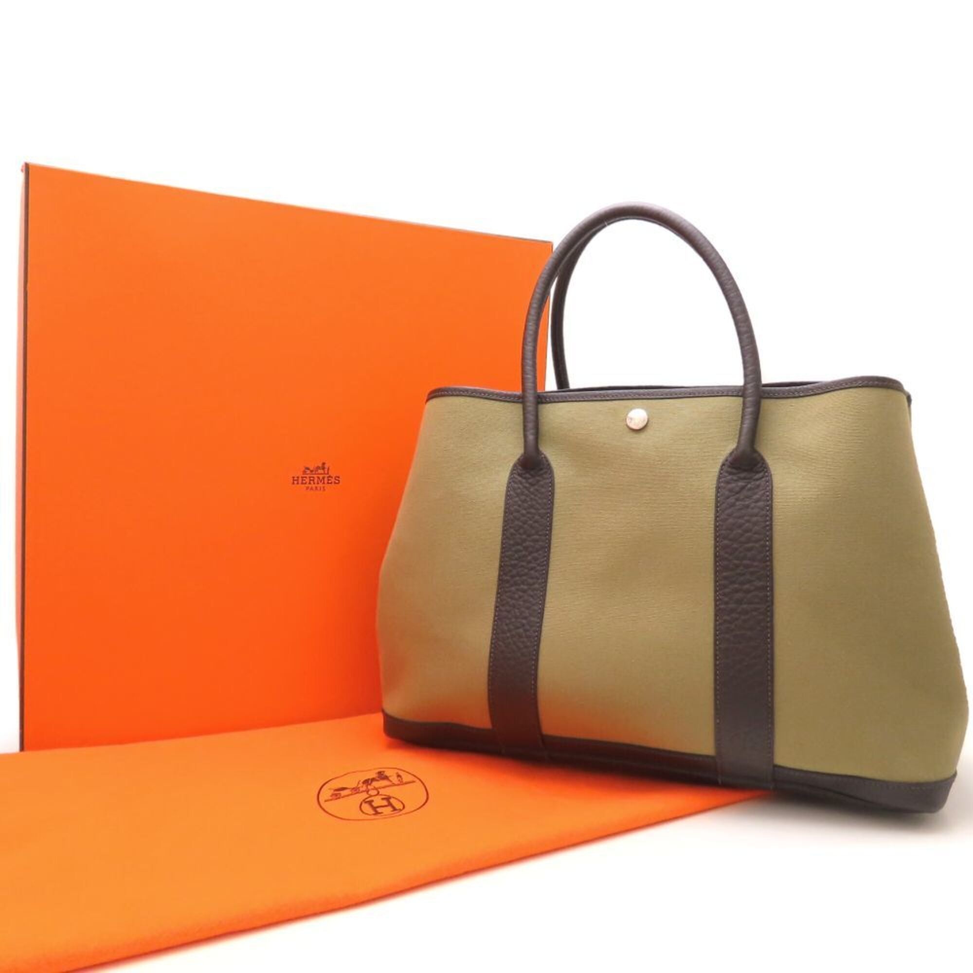 Hermes Garden Dark Brown Khaki Buffalo Leather Toile Officier Handbag (Pre-Owned)