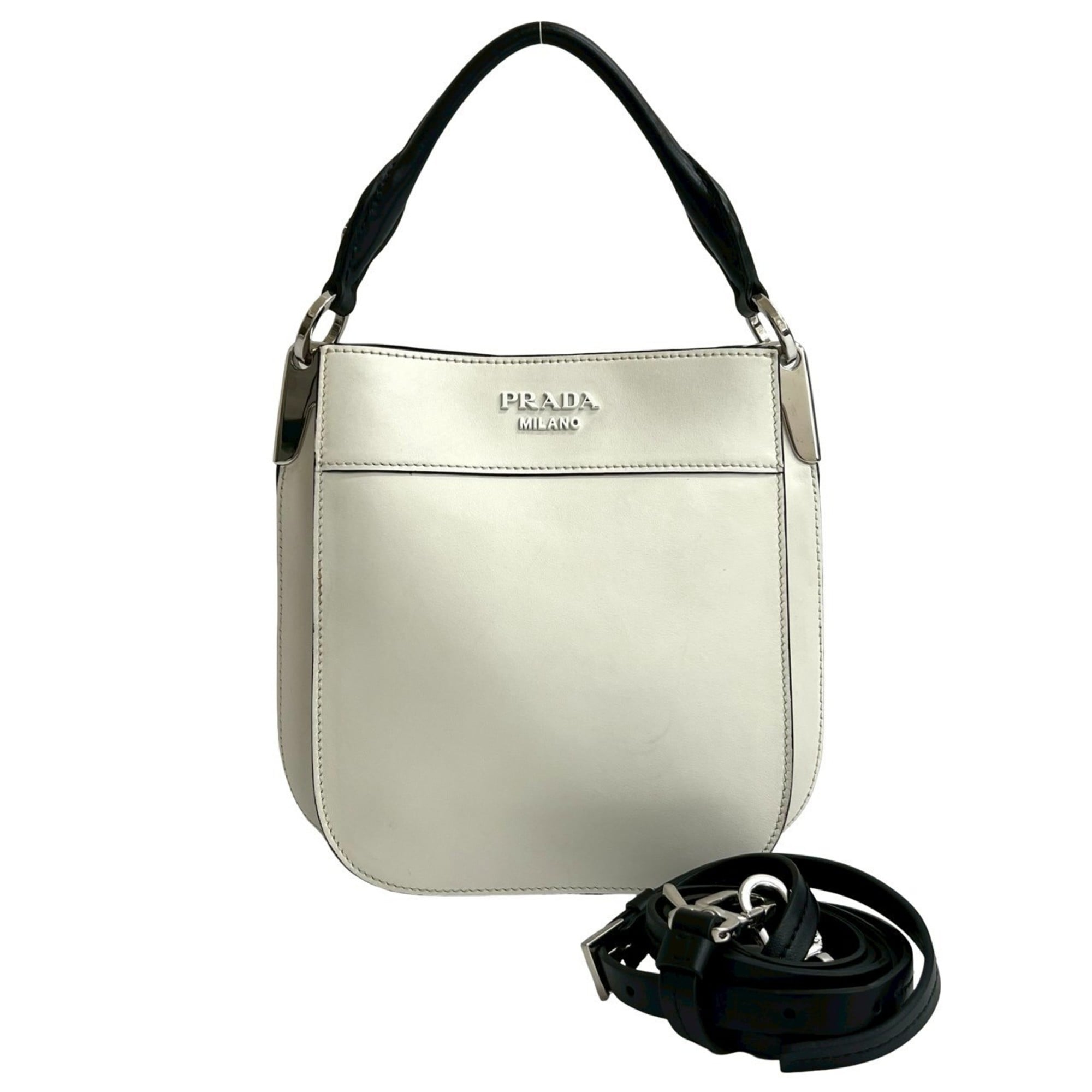 Prada Black White Leather Handbag Shoulder Bag Tote Bag (Pre-Owned)