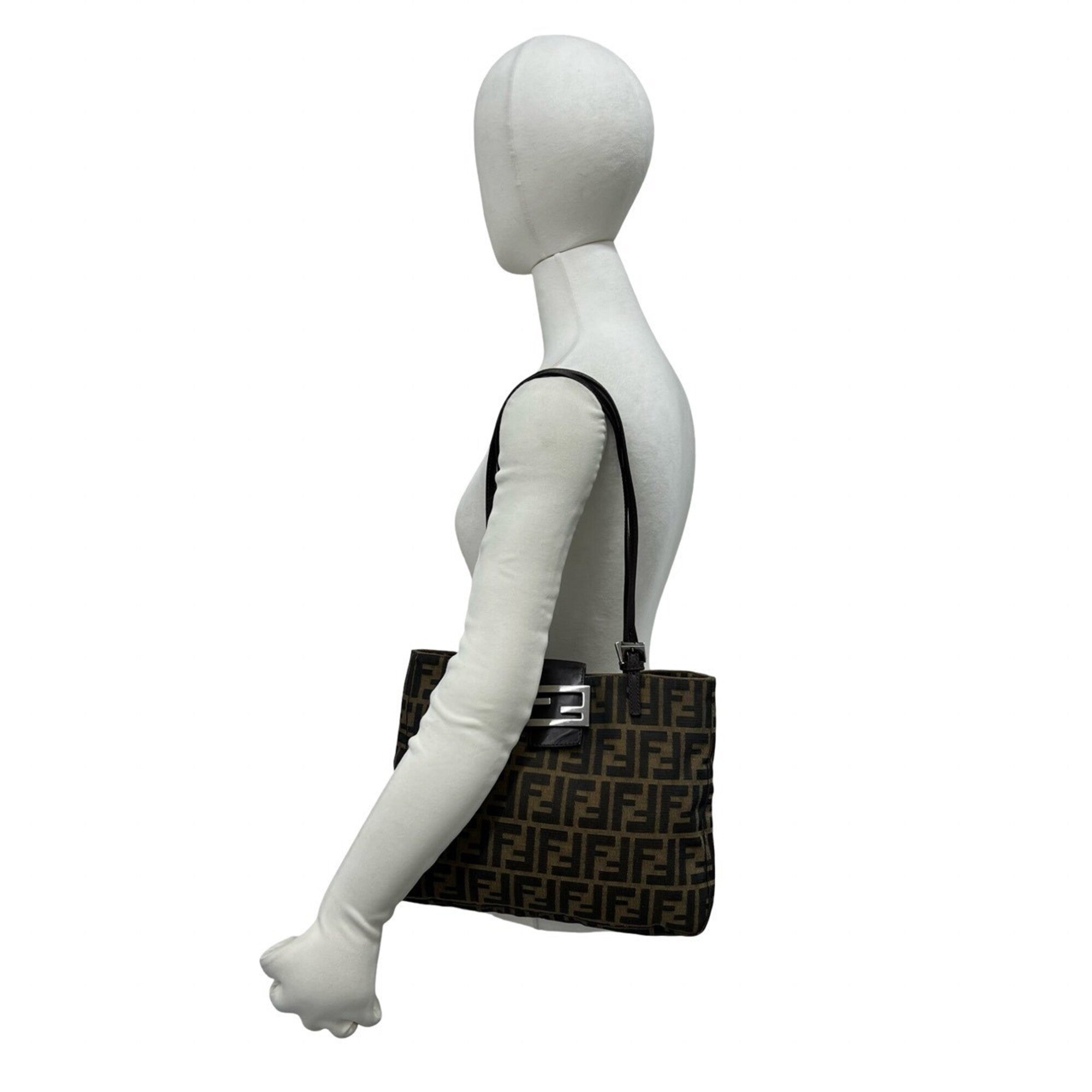 Fendi Black Brown Canvas Leather Handbag Shoulder Bag Tote Bag (Pre-Owned)
