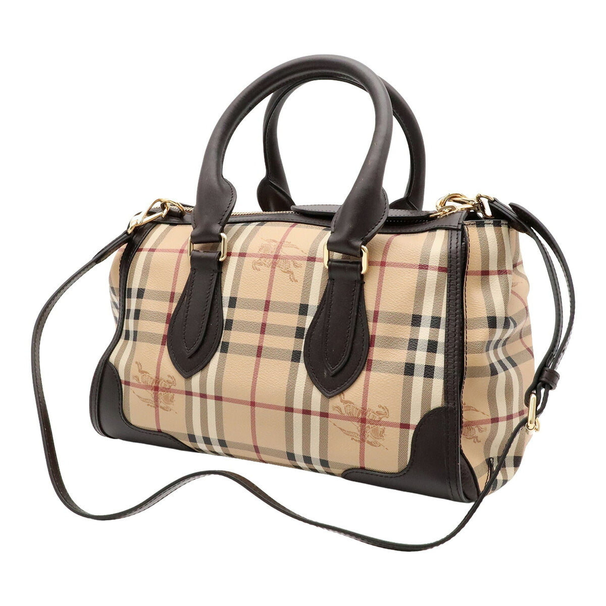 Burberry Beige Dark Brown Red Color Coated Canvas Leather Handbag Shoulder Bag (Pre-Owned)