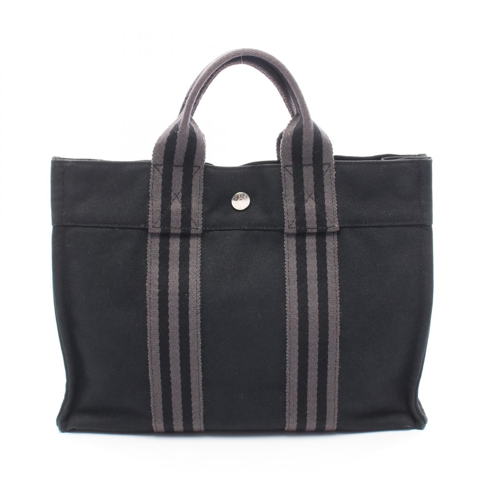 Hermes Black Gray Canvas Handbag Tote Bag (Pre-Owned)