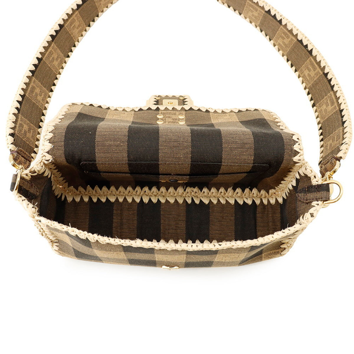 Fendi Beige Brown Raffia Canvas Handbag (Pre-Owned)