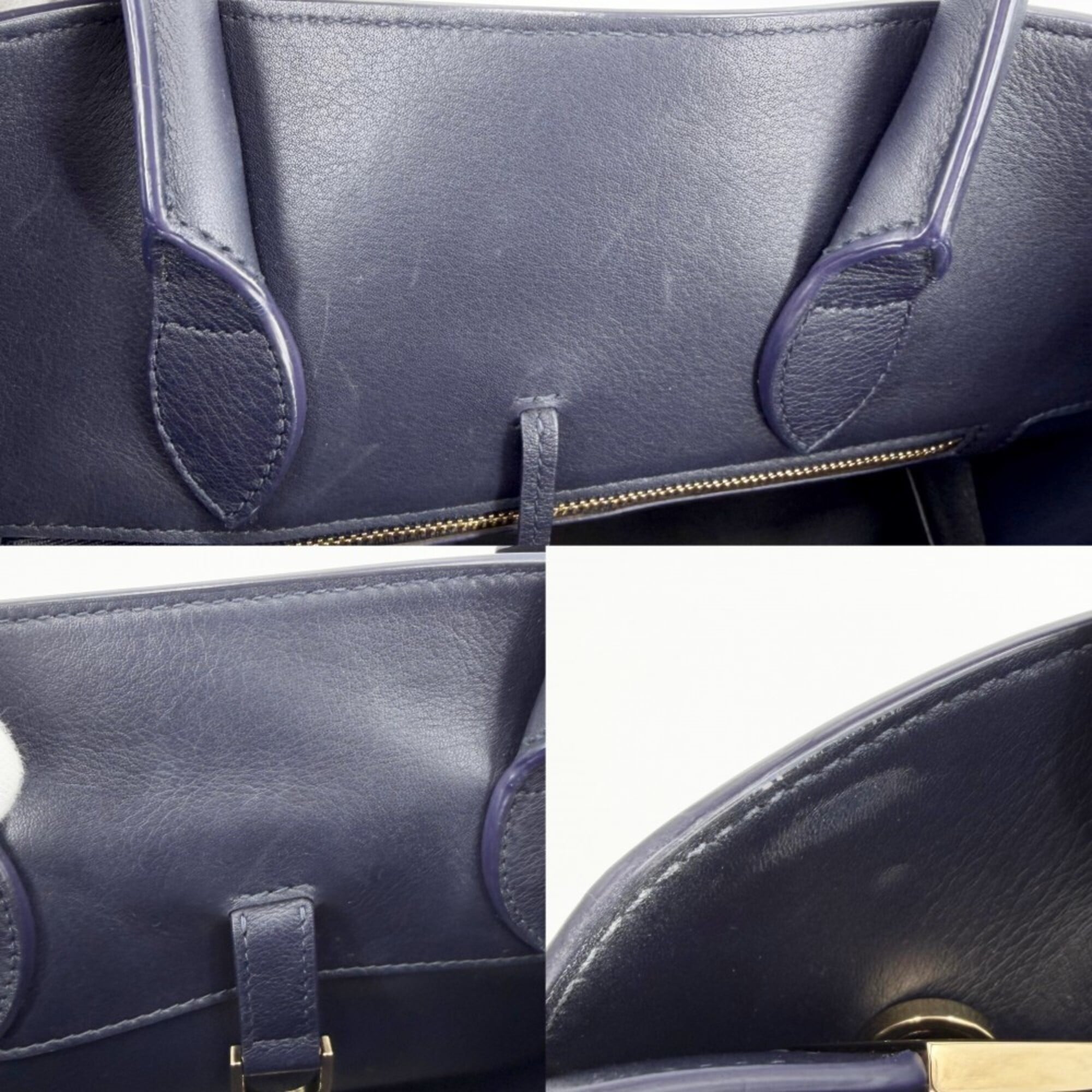Salvatore Ferragamo Navy White Leather Tote Bag (Pre-Owned)