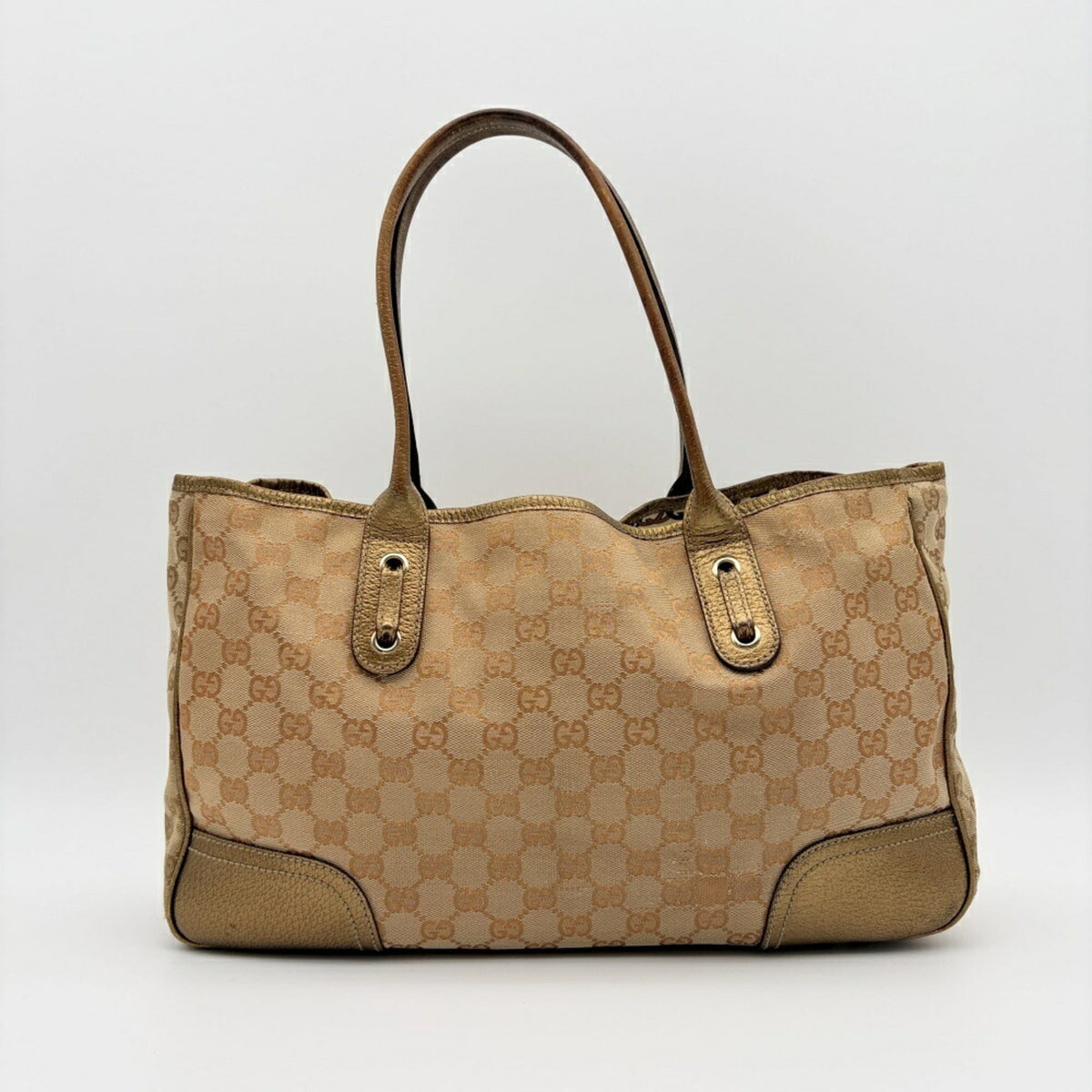 Gucci Beige Gold Gg Canvas Leather Shoulder Bag Tote Bag (Pre-Owned)