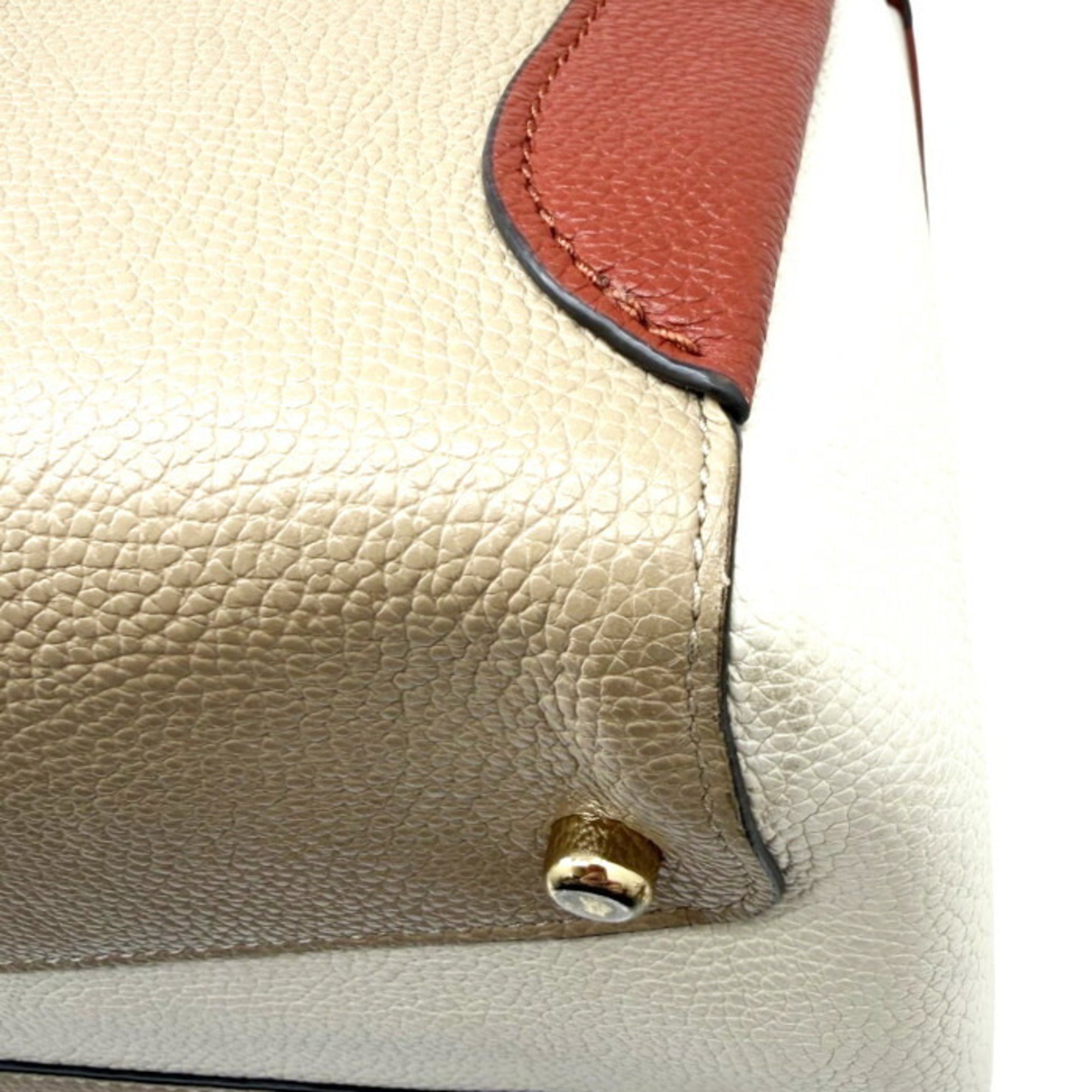 Coach Beige Ivory Red Color Leather Shoulder Bag Tote Bag (Pre-Owned)