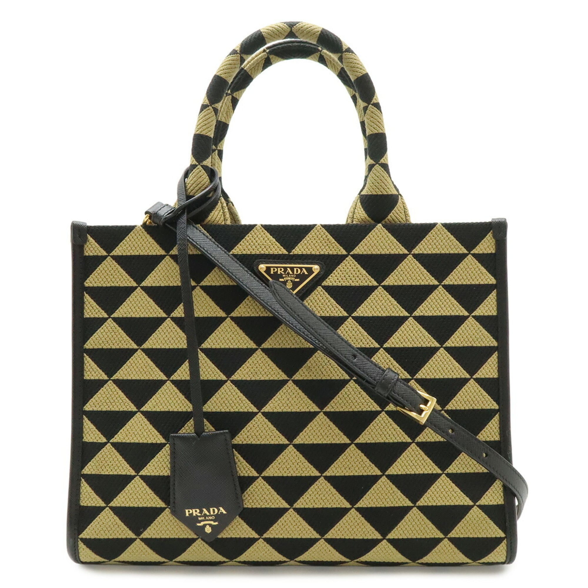 Prada Beige Black Nero Jacquard Leather Handbag Tote Bag (Pre-Owned)