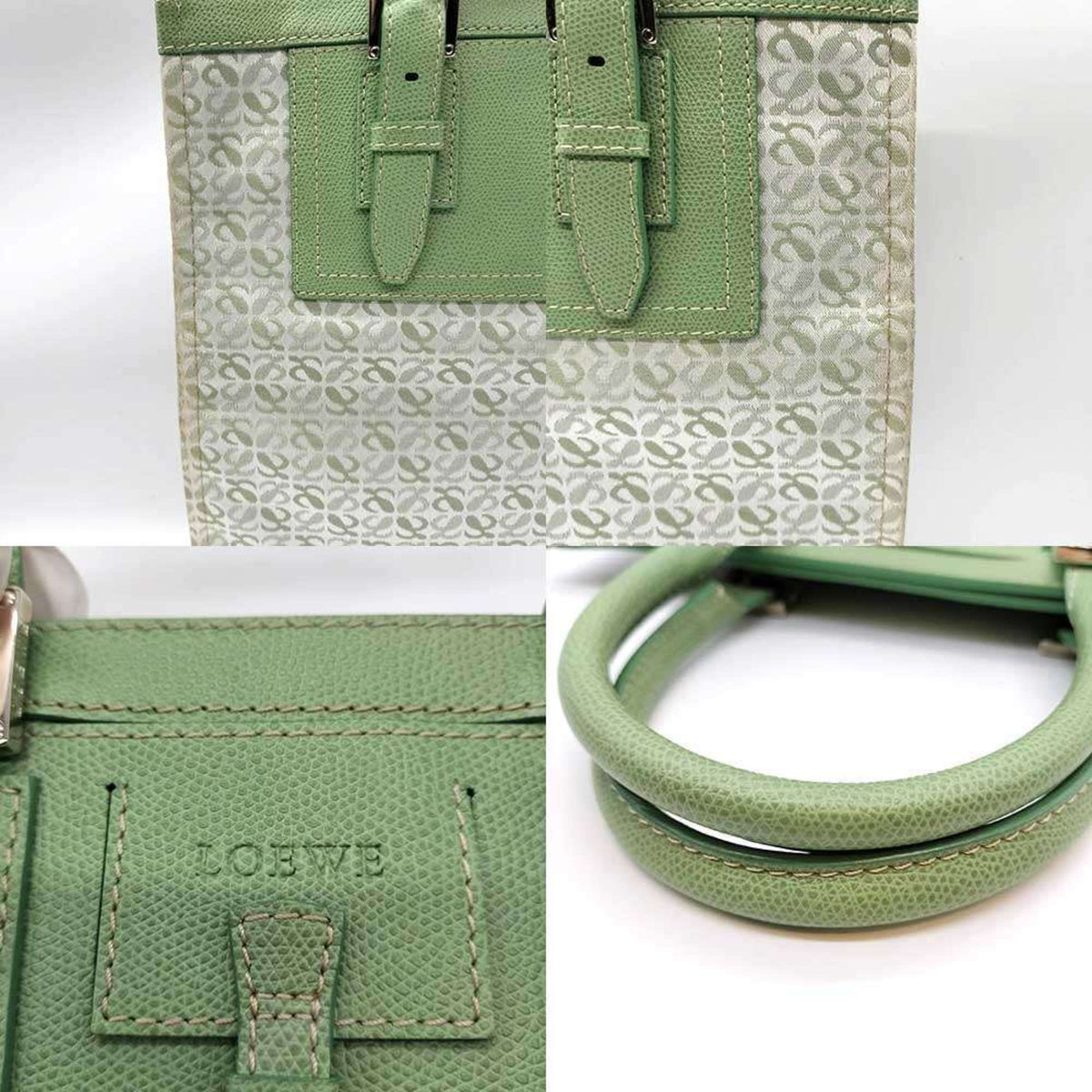 Loewe Green Canvas Leather Handbag Tote Bag (Pre-Owned)