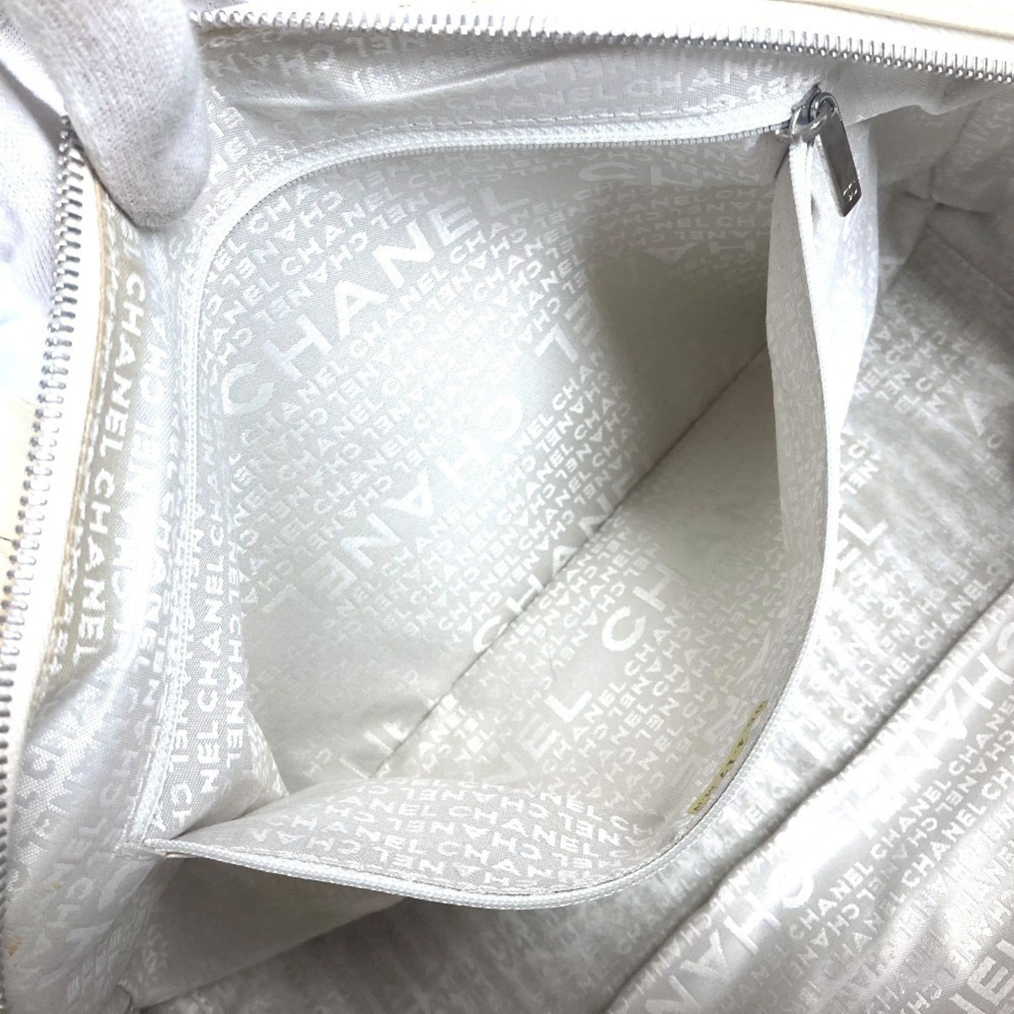 Chanel Beige White Leather Canvas Handbag Shoulder Bag Tote Bag (Pre-Owned)