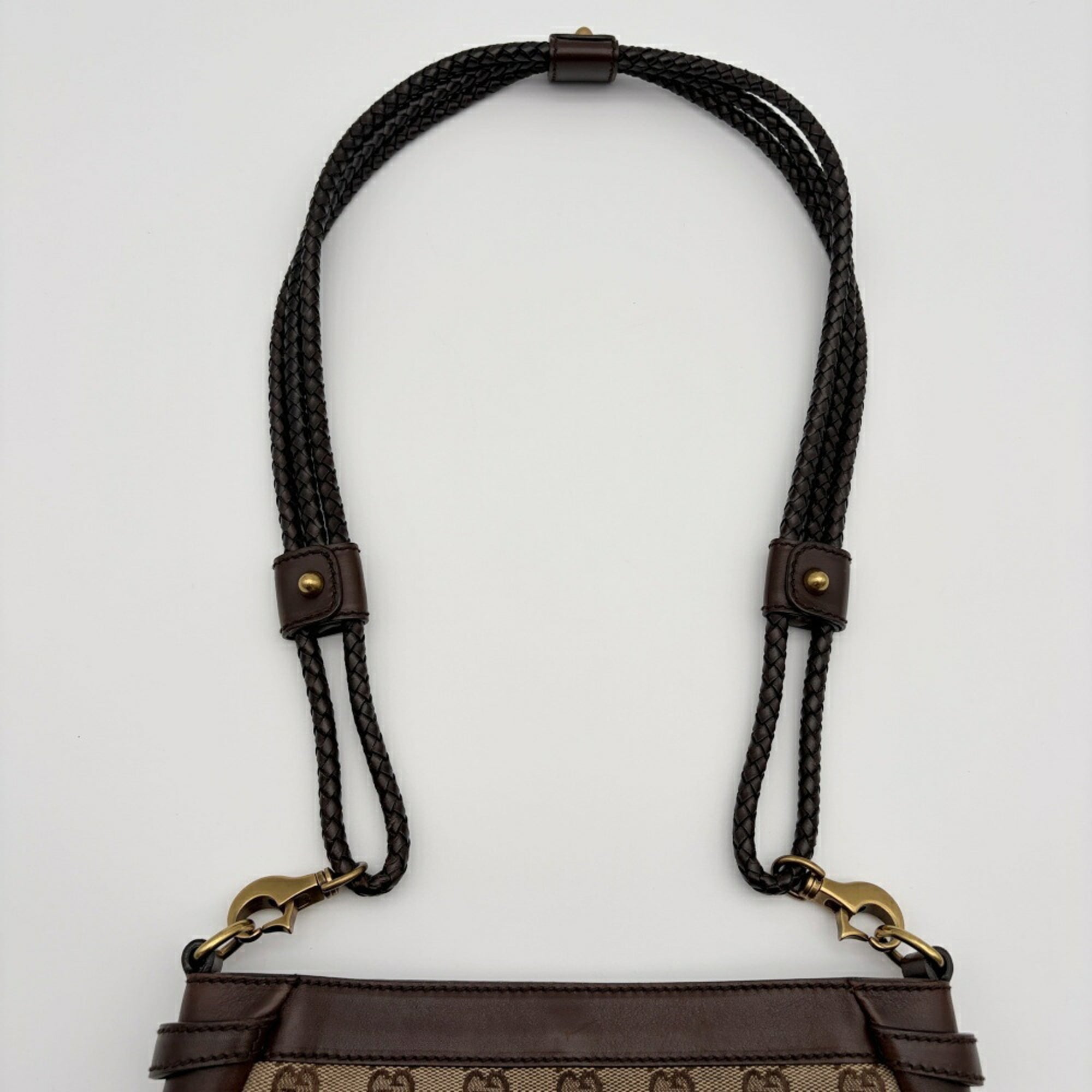 Gucci Gg Canvas Beige Dark Brown Gg Canvas Leather Shoulder Bag (Pre-Owned)